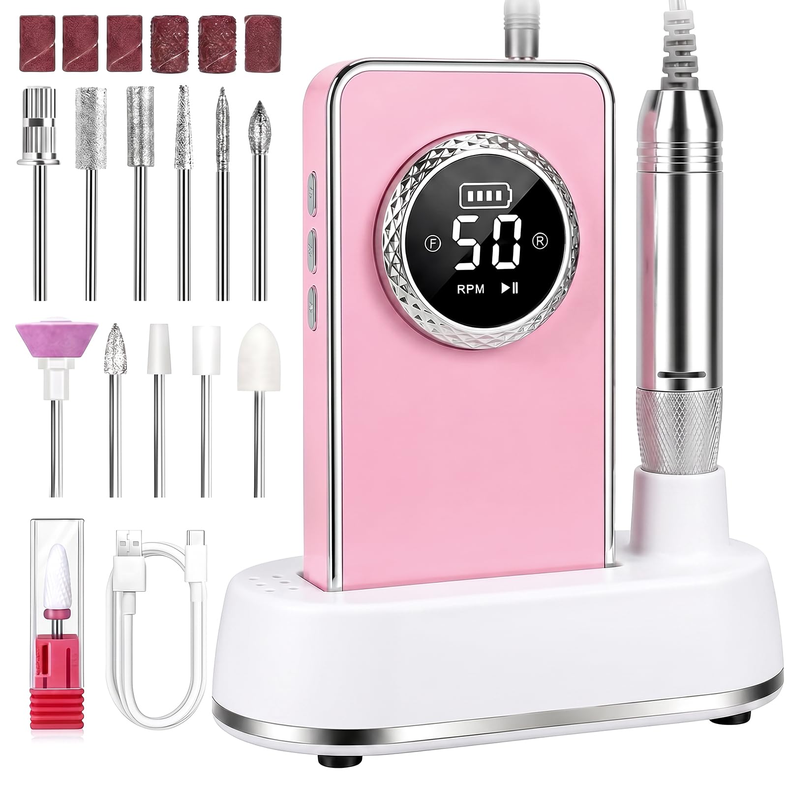 Fresa per unghie Professionale 50000 RPM, Kit di Lima Elettrica Portatile Ricaricabile Per Unghie Acrilico Gel, Cura dei Piedi & Lucidatura, Trapano per Unghie Senza Fili per Casa & Salone Rosa acceso