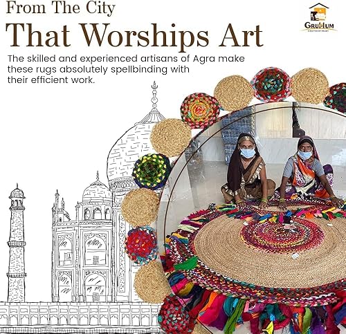 Miniatura 9 de GRUHUM Alfombra de Área de Yute y Algodón de 5 pies - Alfombra de Área de Yute Redonda de Fibra Natural Tejida a Mano Estilo Bohemio Granja Colorida