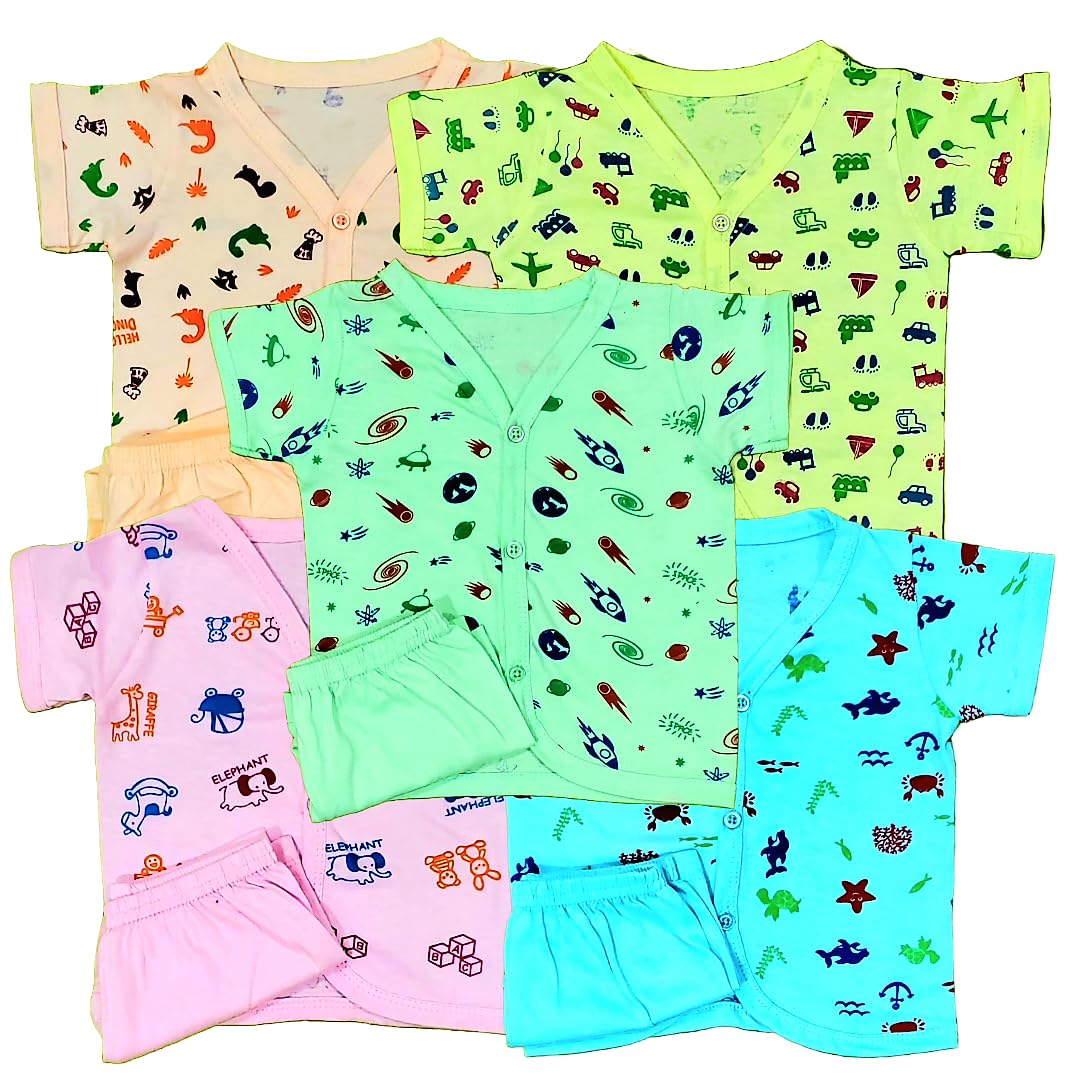 GenericNewborn Baby Boys & Baby Girls Cotton Printed Half Sleeve Dress Set - 0-3 Months Multicolored Pack of 5
