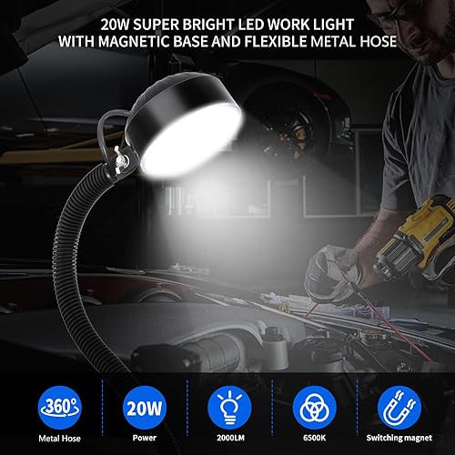 Miniatura 2 de Luz de trabajo magnética de 20 W, luz LED para máquina con cuello de cisne flexible de 20 pulgadas y base magnética, lámpara magnética para taller,