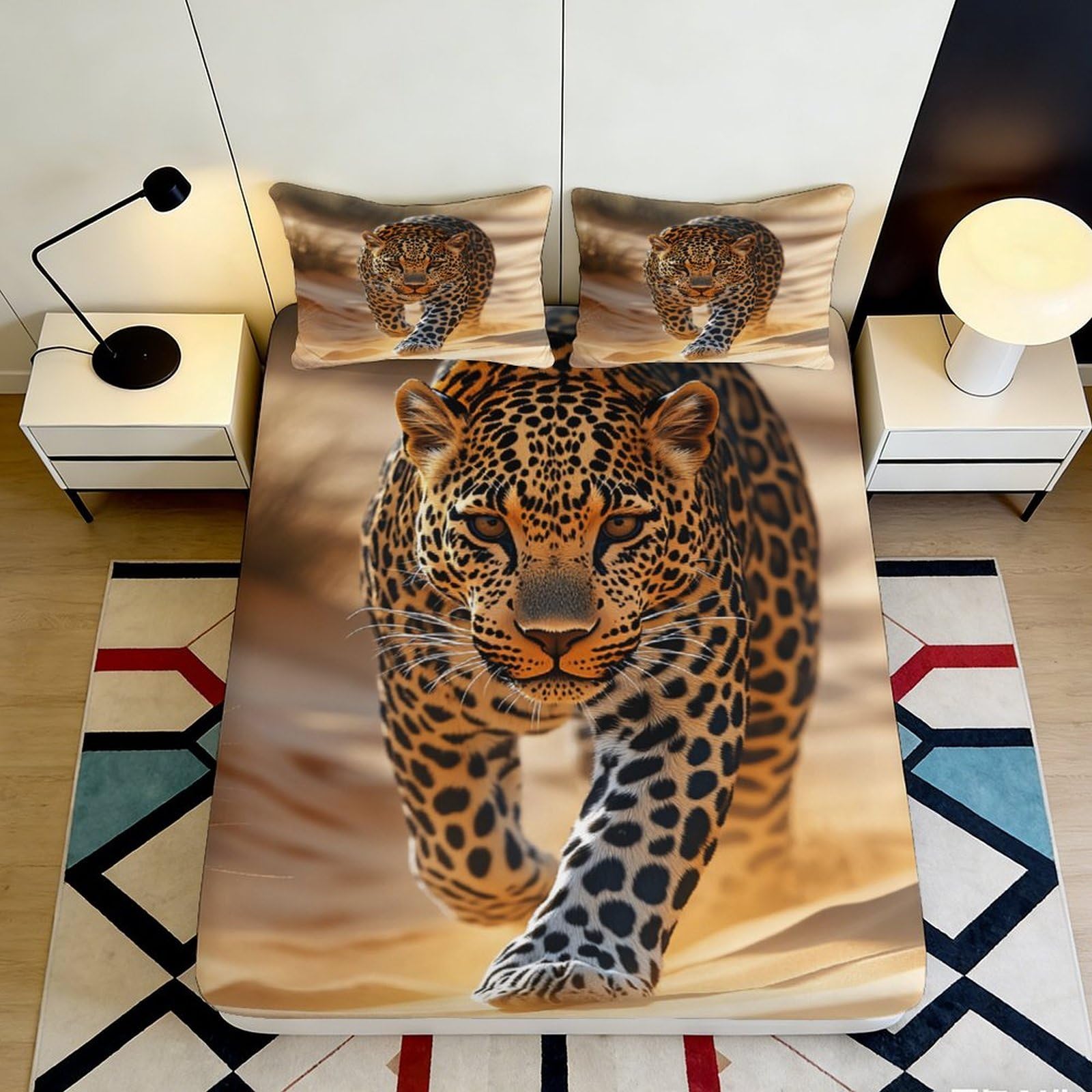 3D Printed Leopard Pattern Fitted Sheet Microfiber Soft Sand Jungle Bed Cover for Bedroom Dorm Mattress Protection Decor 140x200x25cm