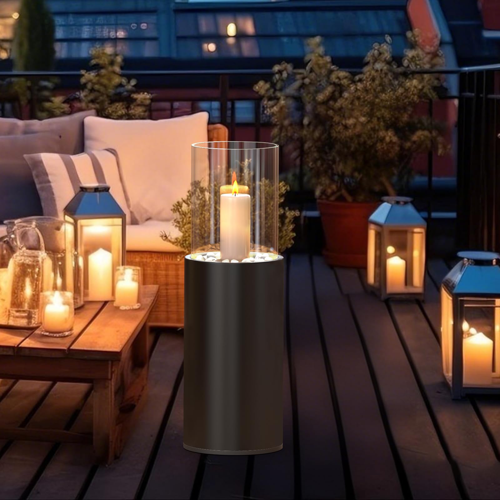 Standkamin Garten Deko Windlichtsäule für draußen und drinnen 2IN1 Laternen für Draußen Groß 81CM Terrassen Deko Stahl Windlicht Outdoor Rauchfrei Kerzenständer