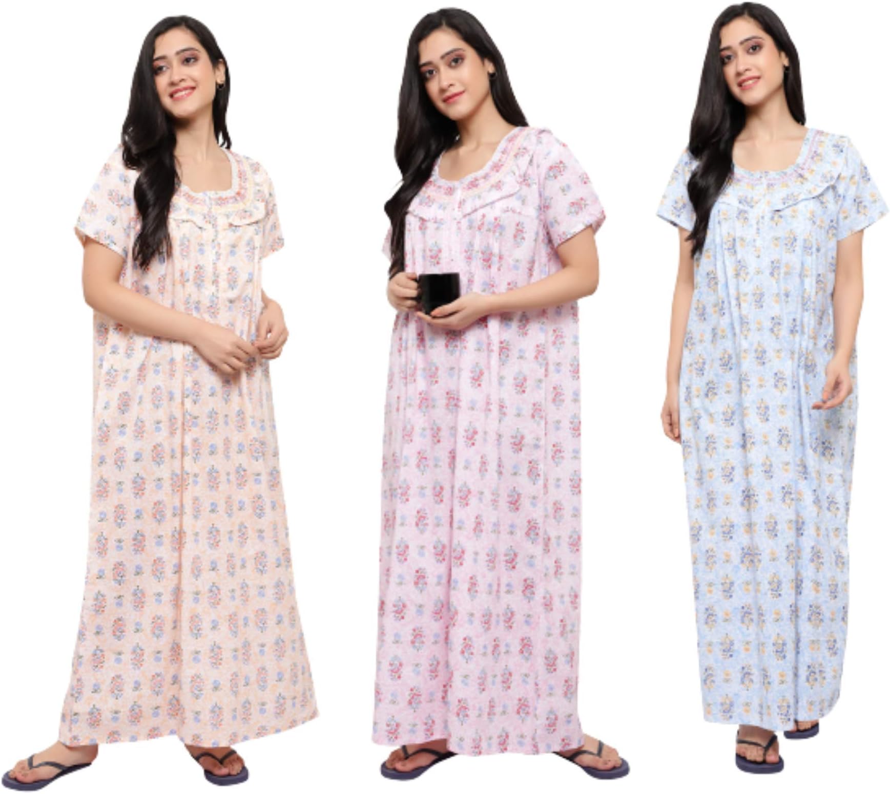 CIERGE Women's Cotton Printed Maxi Smoking Zip Nighty (Free Size; Pack of 3) Multicolour