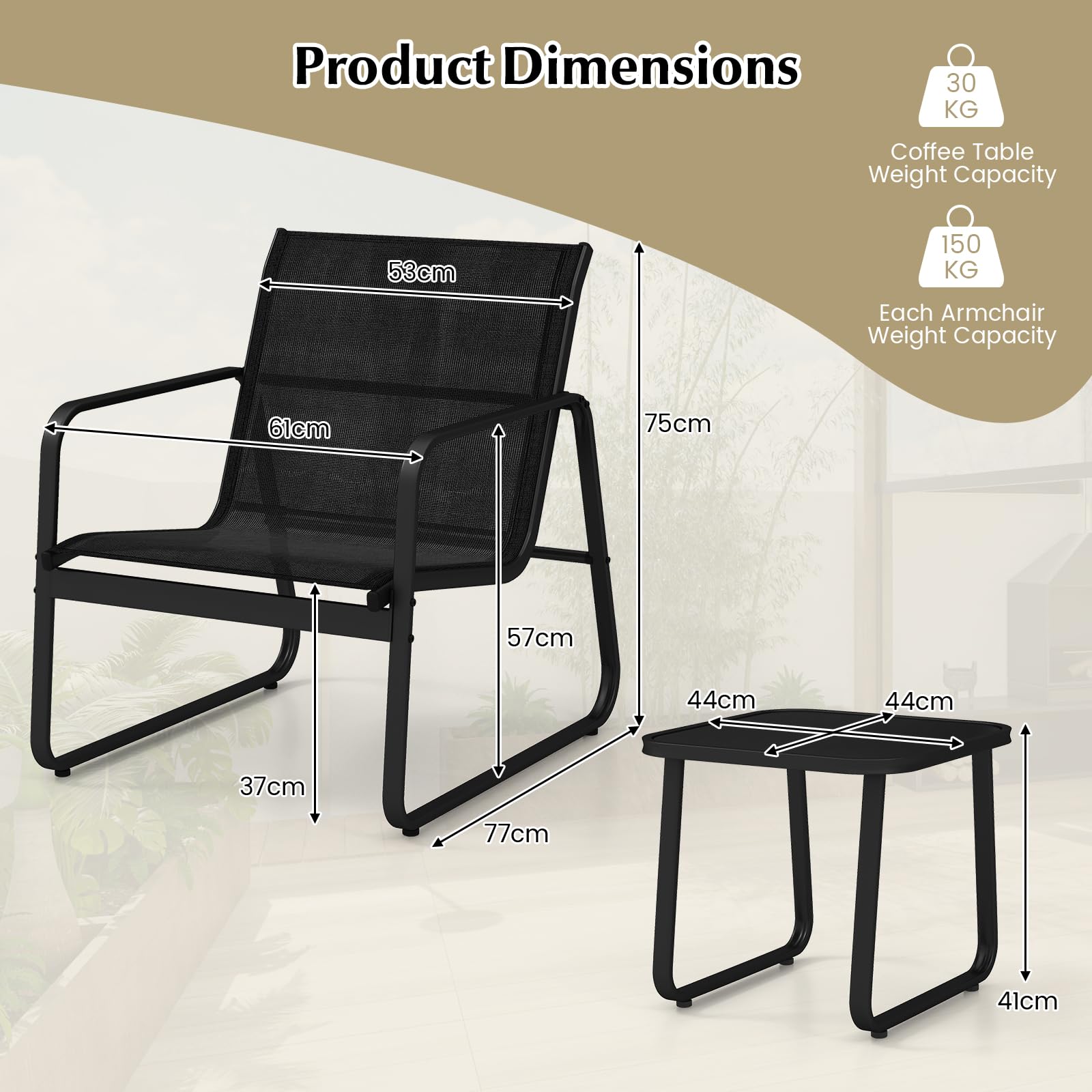 GIANTEX Set da Giardino per Balconi, Mobili da Esterni Compatti per 2 Persone, Salotto da Giardino con 2 Sedie e Tavolino, Set da Giardino in Tessuto Resisteente al Textilene