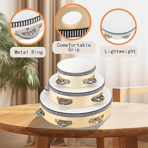 Miniatura 2 de Pandereta de mano, 3 unidades, 6, 8, 10 pulgadas, percusión de tambor de madera de pandereta, pandereta musical educativa, instrumentos de orff,