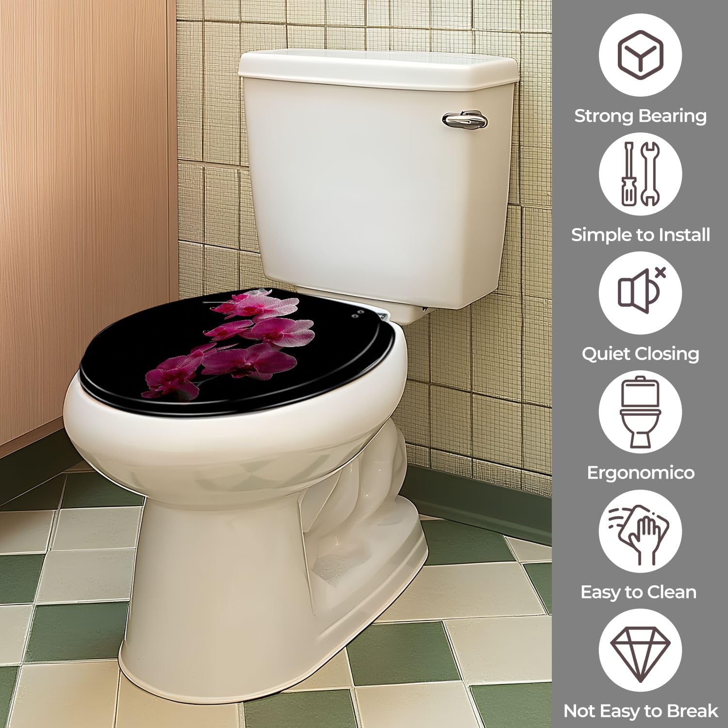 Asiento de inodoro redondo de resina con diseño de orquídeas rojas, de liberación rápida, cierre silencioso y fácil instalación.