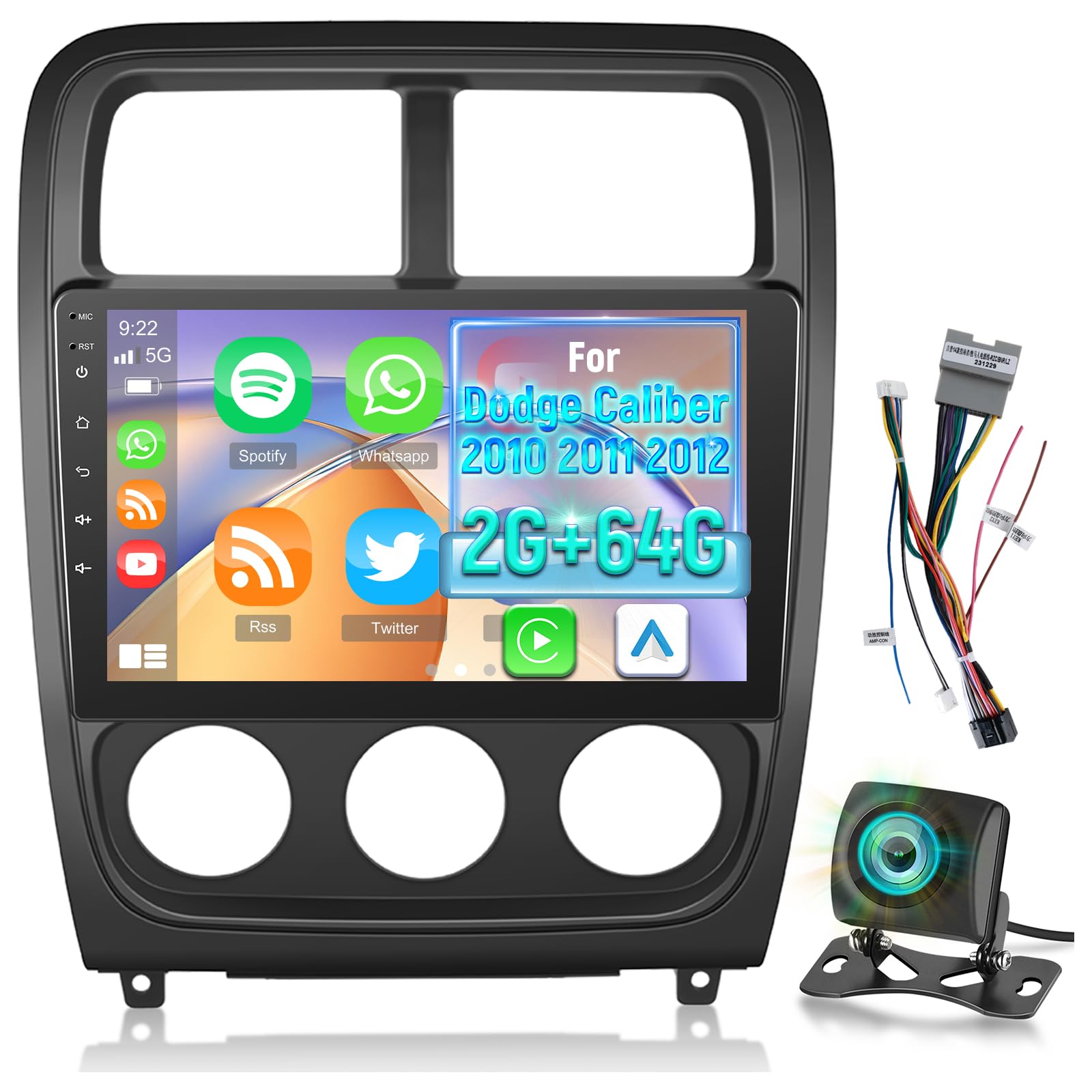 Car Stereo for Dodge Caliber 2010-2012 - 9 Inch 2+64G Android Touchscreen Radio with Wireless Carplay and Android Auto, WiFi/GPS/SWC + AHD Backup Camera