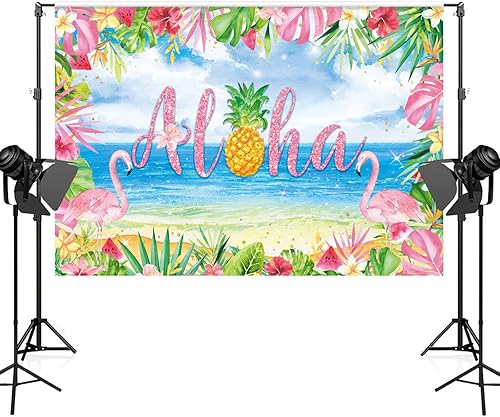 Miniatura 4 de Maijoeyy Fondo rosa Aloha de 7 x 5 pies para fotografía de playa tropical de Hawaii, flamenco, Luau, cumpleaños, baby shower, fiesta, decoración
