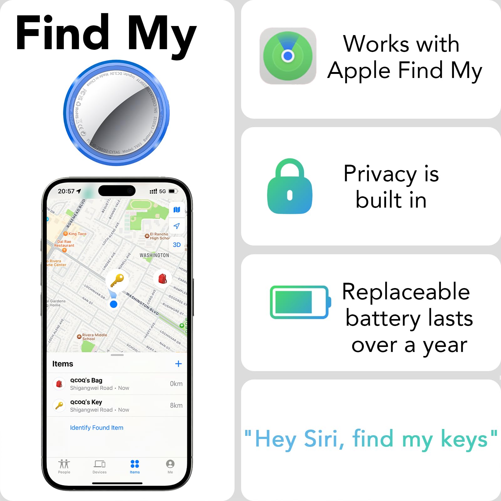 Air Tracker Tag, Smart Tag Compatibile con Apple Dov'è (Solo iOS), Localizzatore Chiavi con Custodia Protettiva/Portachiavi, Trova Oggetti per Valigie/Bagagli/Portafogli, Batteria Sostituibile 2 pezzi