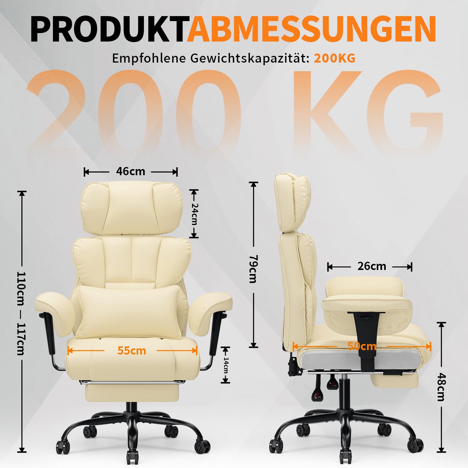 HOFFREE Ergonomischer Bürostuhl mit Fußstütze PU Leder Chefsessel mit 155° Liegefunktion, Verstellbare Armlehnen und Kopfstütze, Bürosessel Chefsessel 200kg für Büro und Schlafzimmer (Beige)