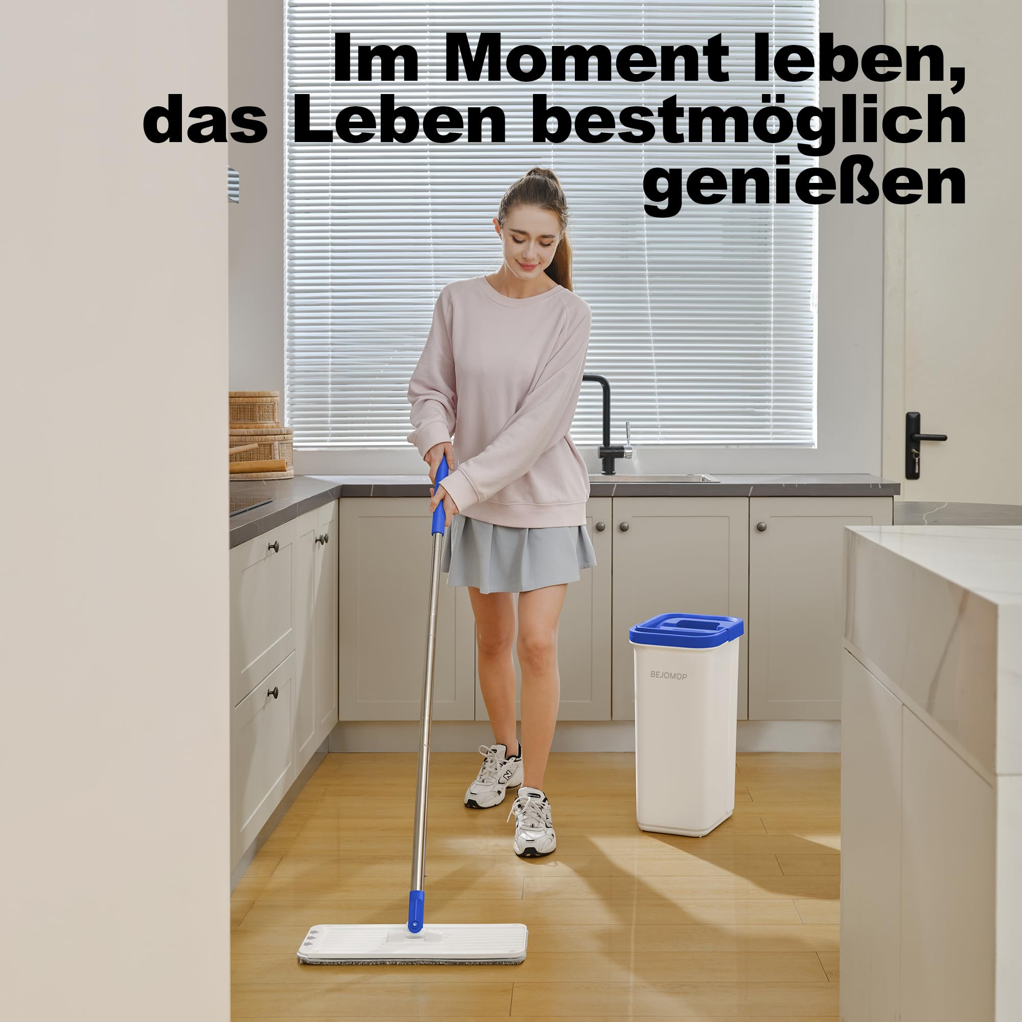 Wischmopp und Eimer Set mit Auswringer, Schieferblau Flach Squeeze Spin Wall Mop Cleaner mit langem Griff, Trocken & Nass Staubwischer für Haushalt Bodenreinigung mit 3 Mikrofaser Mops