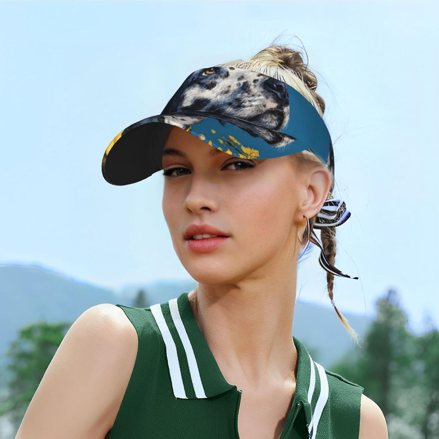 (Dog Under Sunflowers) Adult Sun Visor Hat Adjustable Open Top Sports Cap Breathable for Men Women Beach Vacation Essentials Black