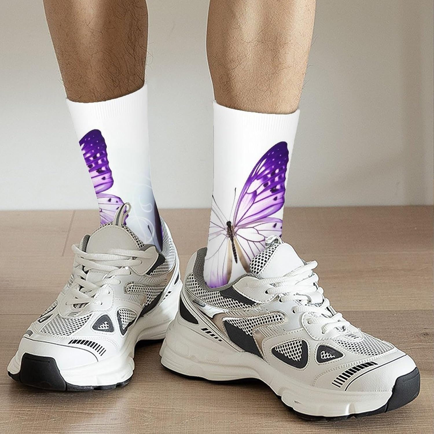 Breathable Sports Socks, Moisture Wicking, Lightweight Crew Socks | White Purple Butterflies Athletic Calf Socks for Women Men, Casual, Anti-Slip, Multifunctional Work Socks