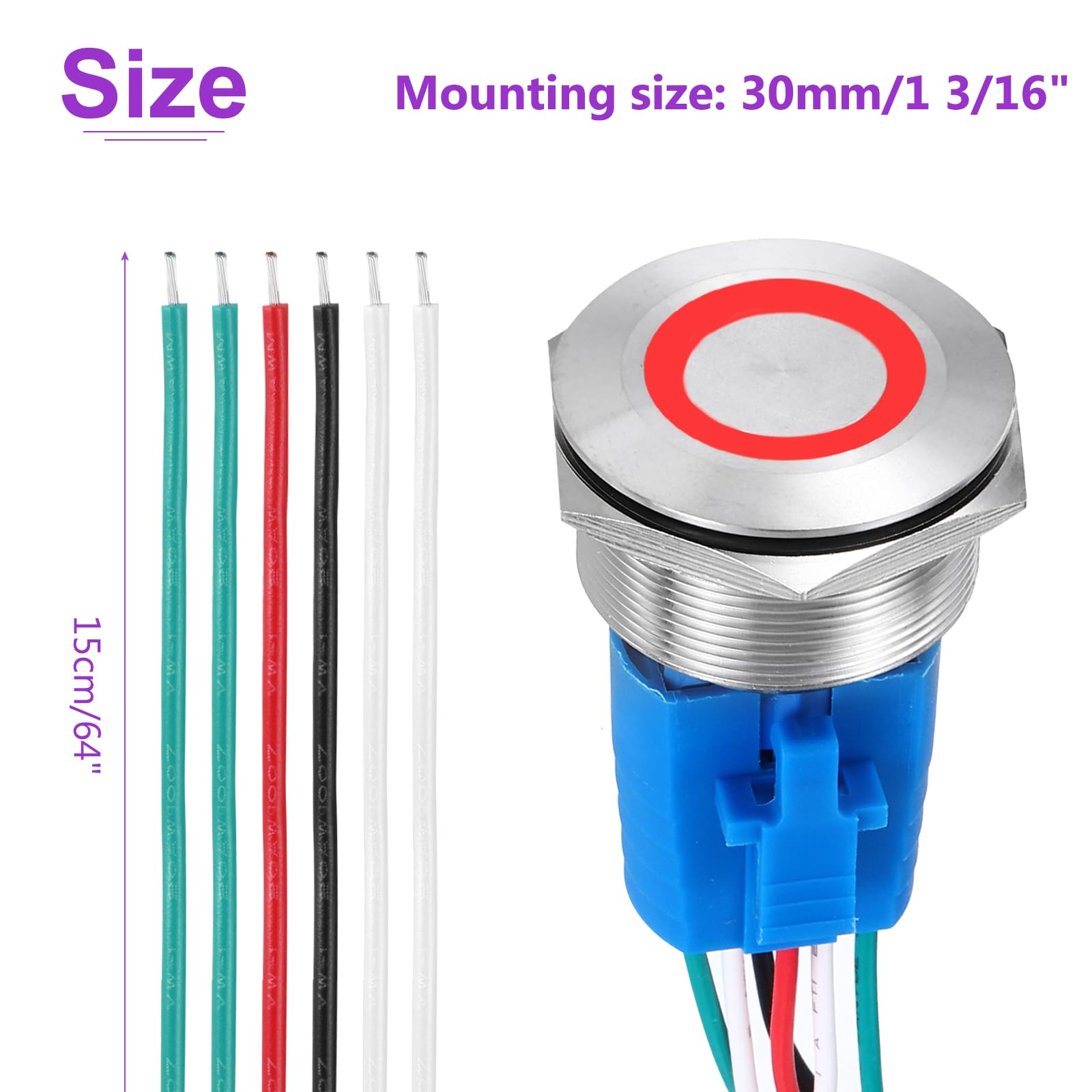 DMiotech 1 3/16 Inch Stainless Steel Momentary Push Button Switch Flat Head 5A 12-24V Silver Shell 6 Pin with Cable Socket Red Ring LED 1NO1NC for Car Boat Systems Custom Setups - Image 4