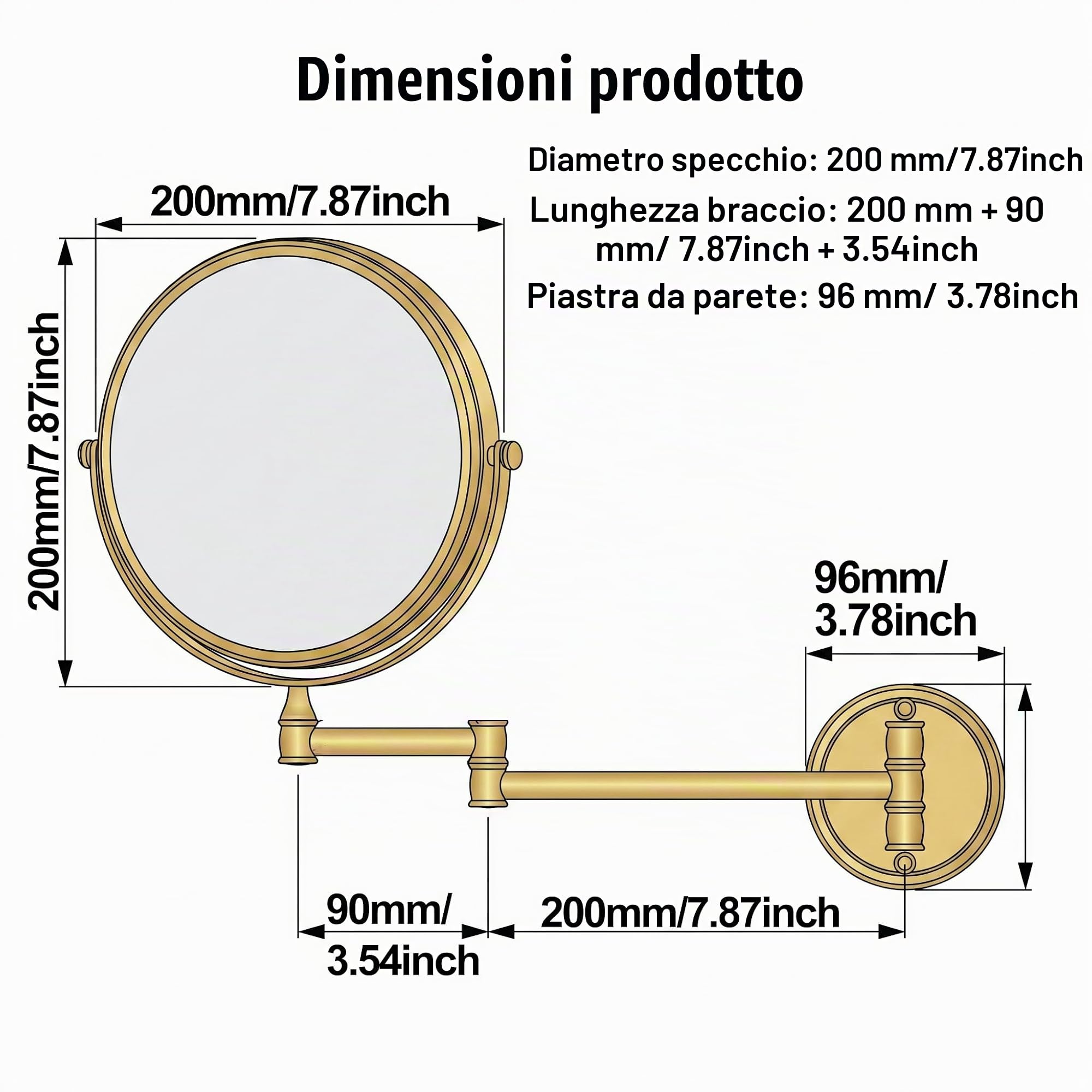 7Trees Specchio da Parete Pieghevole per Bagno da 20,3 cm Retro con Montatura Telescopica a Ribalta per Trucco (Oro)
