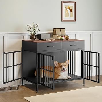 39.4" Large Dog Crate Furniture with Storage,Heavy-Duty Metal&Wood Dog Kennel with 2 Drawers Decorative XL Pet Cage with Double Door Indoor Modern Dog House as End Table/TV Stand for Medium Dogs