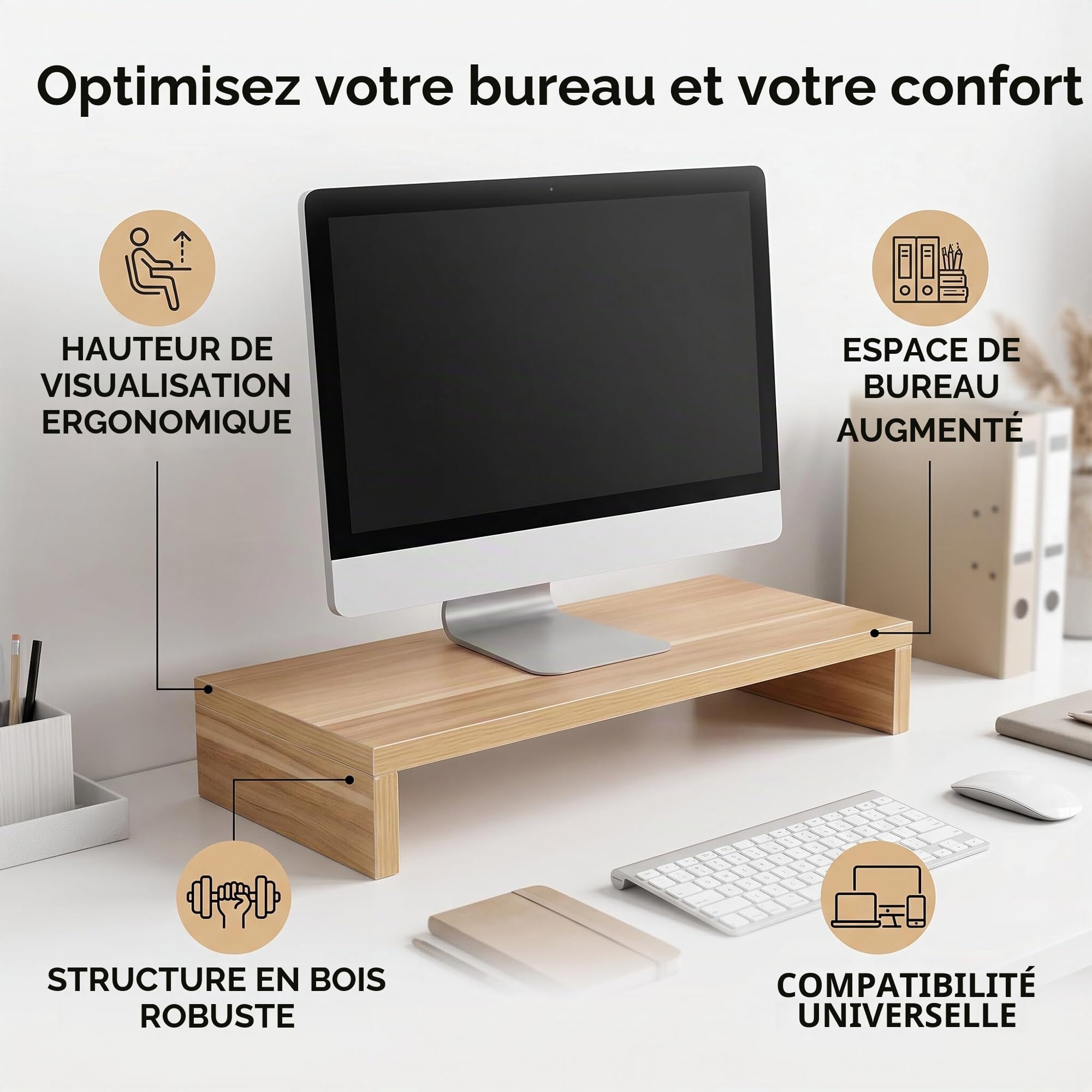 Wakects Support pour moniteur de bureau, support universel pour PC et ordinateur portable, support en bois, pour table de bureau, 50 x 20 x 7,7 cm