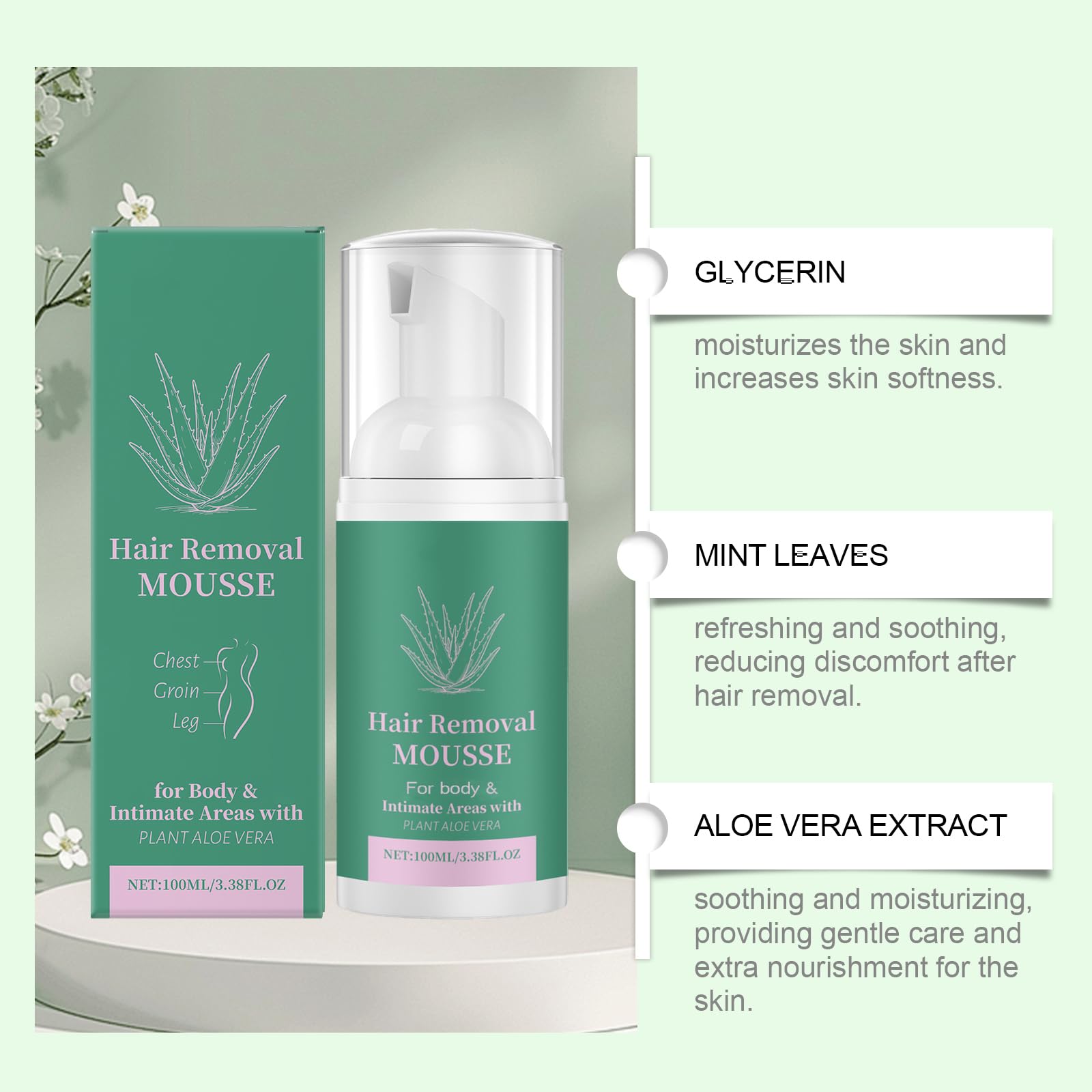Schiuma depilatoria con aloe e menta, crema depilatoria delicata per donne e uomini, epilatore indolore ad azione rapida per il corpo, gambe, braccia, ascelle, zone intime (5 pezzi)