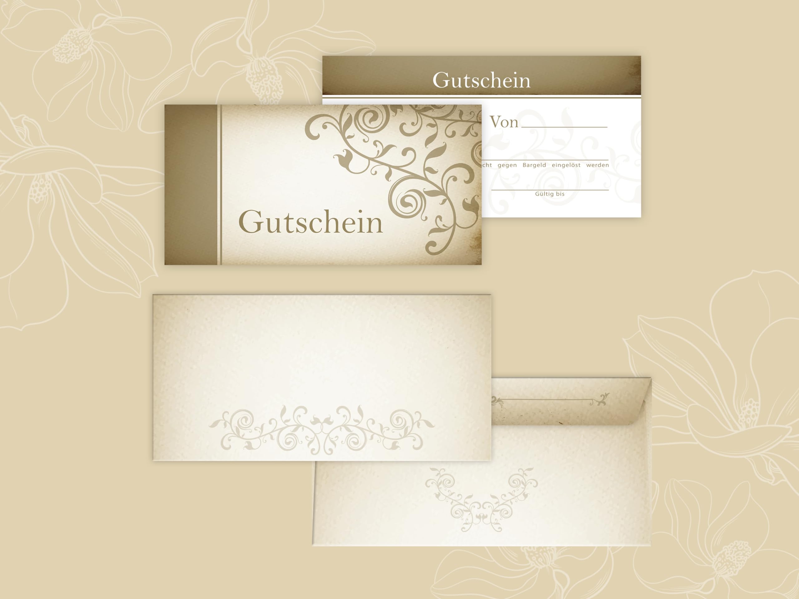 250 Gutscheine DIN lang (21x10,5 cm)+ 250 Kuverts DIN lang (22x11 cm) Design Motiv Vintage Papyrus Altes Papier Gutscheine zum Ausfüllen Gutschein Geschenk Karte Massage Wellness Kosmetik Spa Beauty