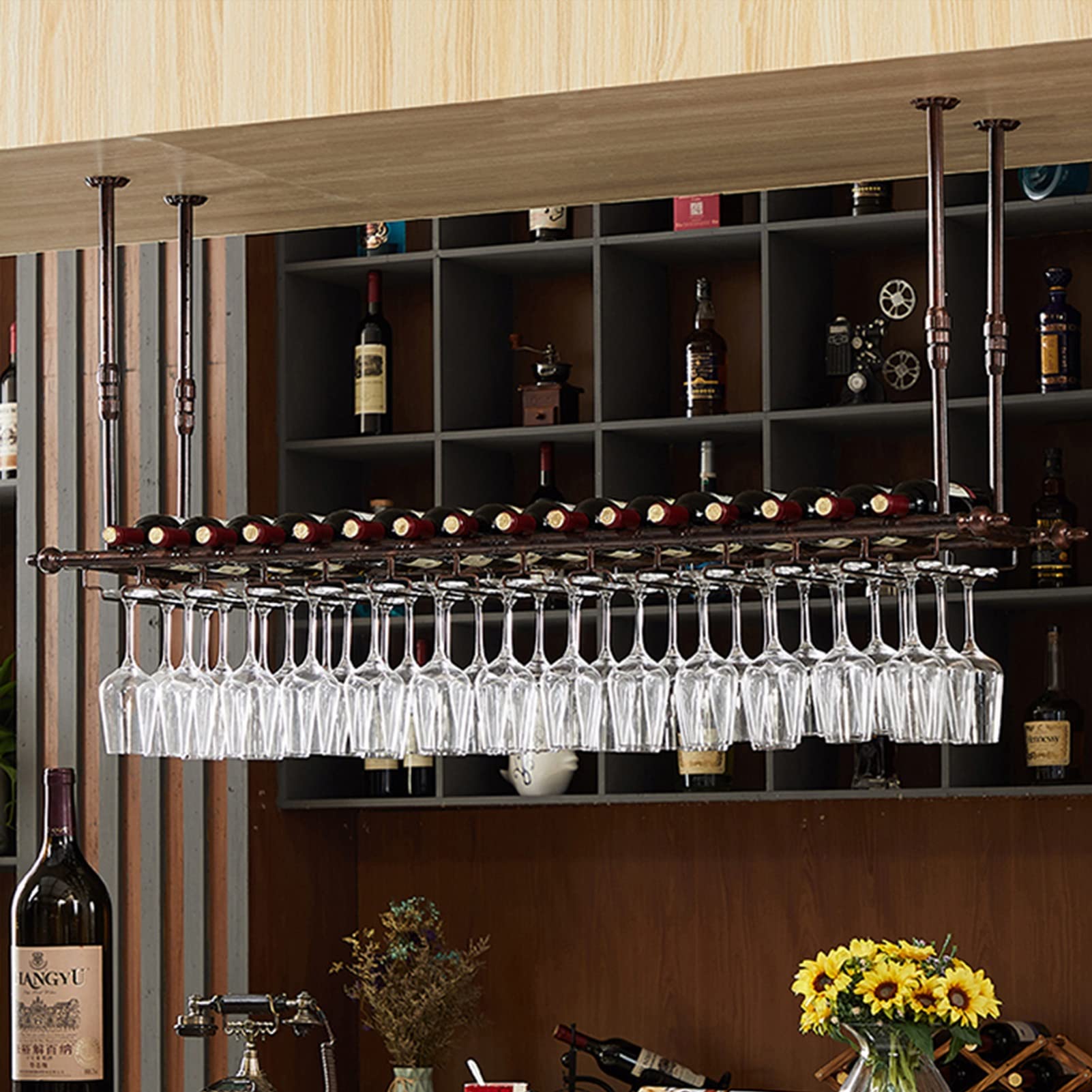 Soporte para copas de vino negro para colgar botellas de vino para el hogar, bar, restaurante, moderno estante de almacenamiento de copas de techo, marco decorativo