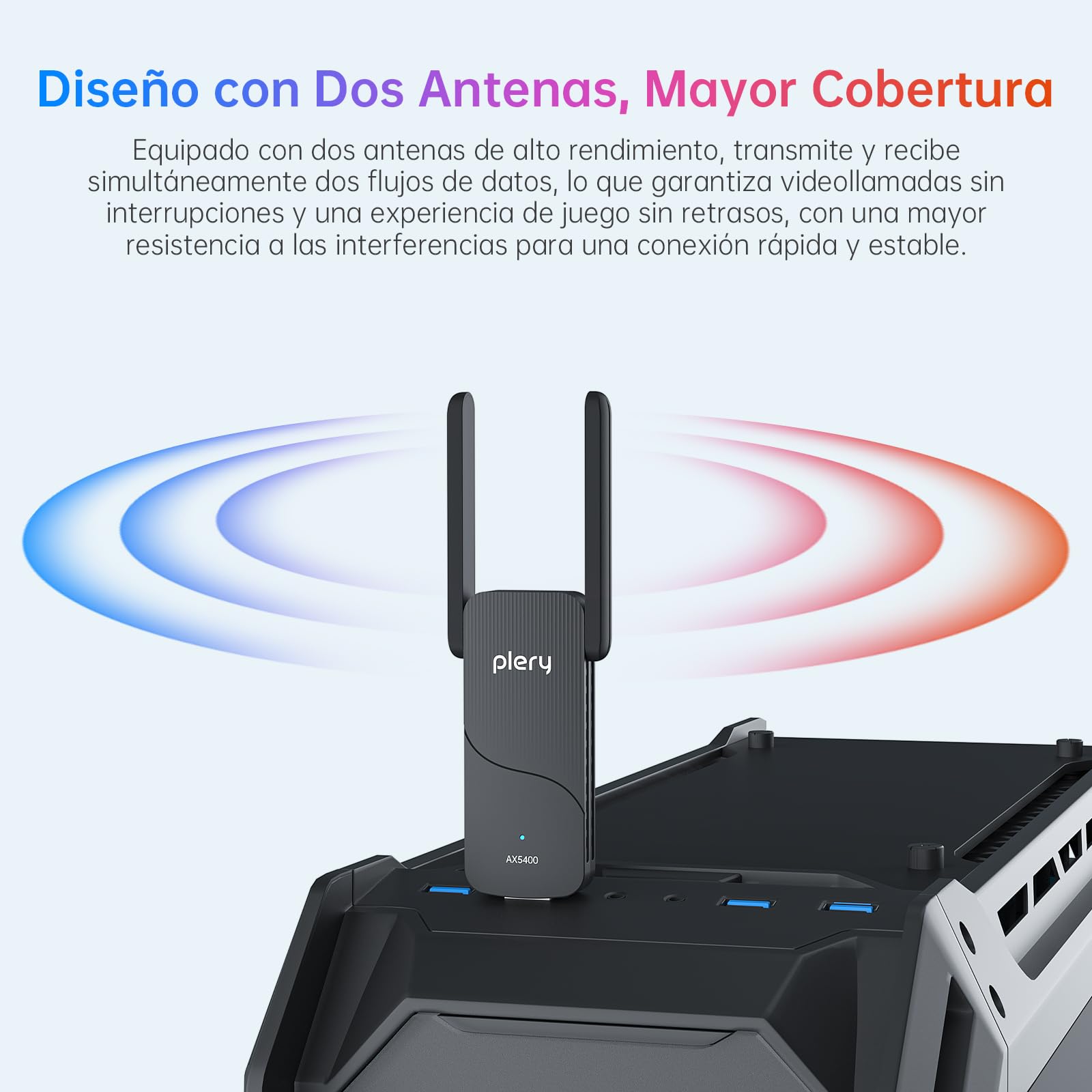 AX5400 Adaptador WiFi USB para PC, USB3.0 Tri-Banda 6/5/2,4GHz Antena WiFi PC, 2 Antenas de Alta Ganancia, Latencia Ultrabaja, MU-MIMO, OFDMA, WPA3, Compatible con Windows 11/10