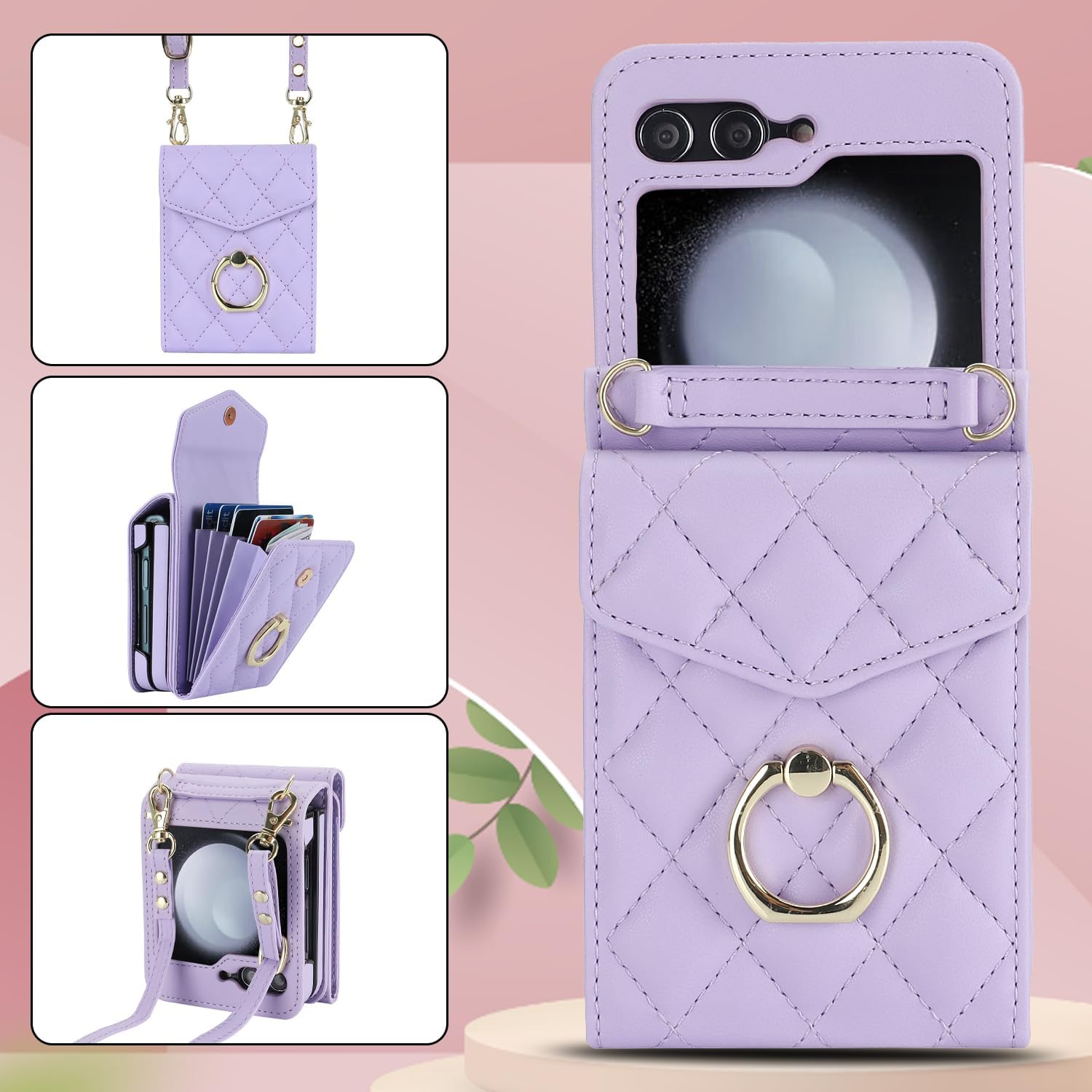 for Samsung Galaxy Z Flip 5 Wallet Phone Case with Ring and Adjustable Crossbody Strap, Stylish and Muti-funtional Accordion Style Flip Case with 4 Card Slots .(Purple)