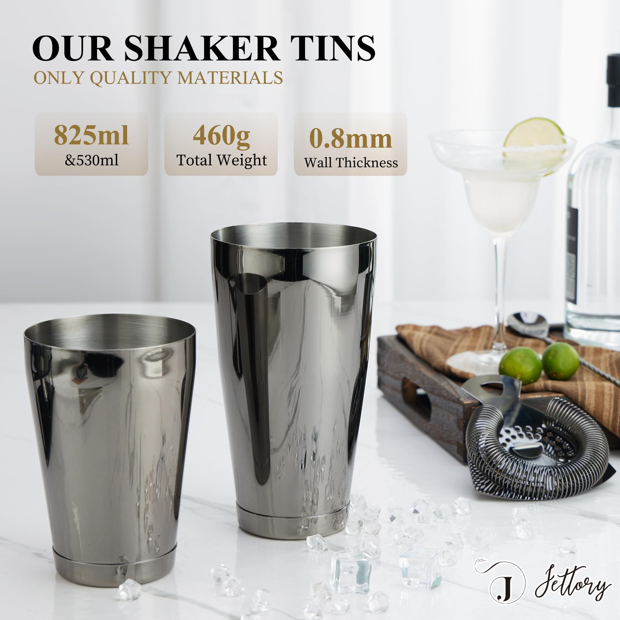 Boston - Juego de 10 cocteleras de acero inoxidable con base acrílica, colador, pinzas para hielo, cuchara de bar, vaso medidor, mortero – Perfecto para el bar en casa (negro)