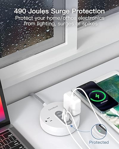 Miniatura 8 de Regleta de alimentación con USB C, 3 tomas de corriente, 4 puertos USB (22.5 W4.5 A), estación de carga de escritorio, enchufe plano, cable de