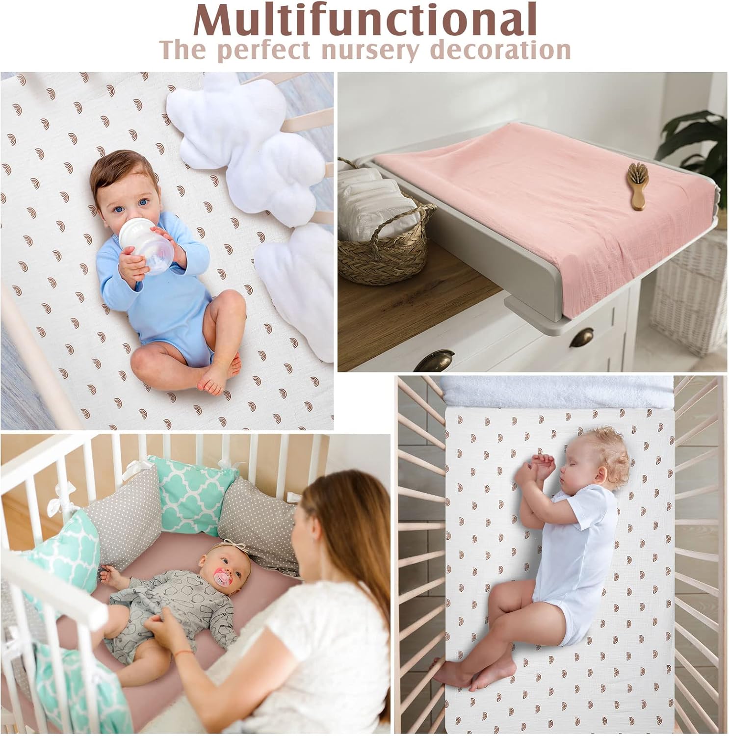 Newwiee 3 Pcs Muslin Crib Sheets for Girls and Boys 24'' x 38'' Cotton Soft Fitted Baby Bed Sheets for Crib Mattress(Classic)