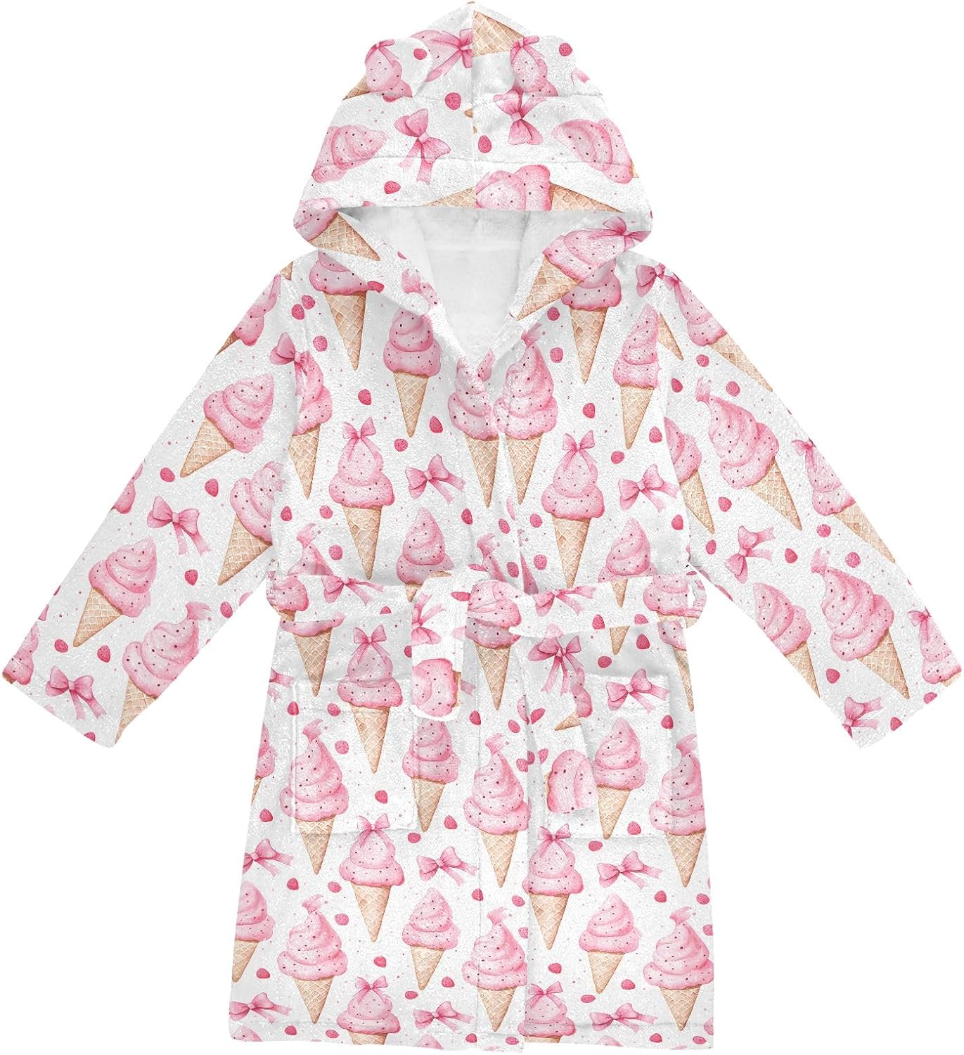 Pink Ice Cream Bow Pattern Toddler Hooded Bathrobe for Boys Girls Soft Plush Bath Towel Robe 2-12 Years