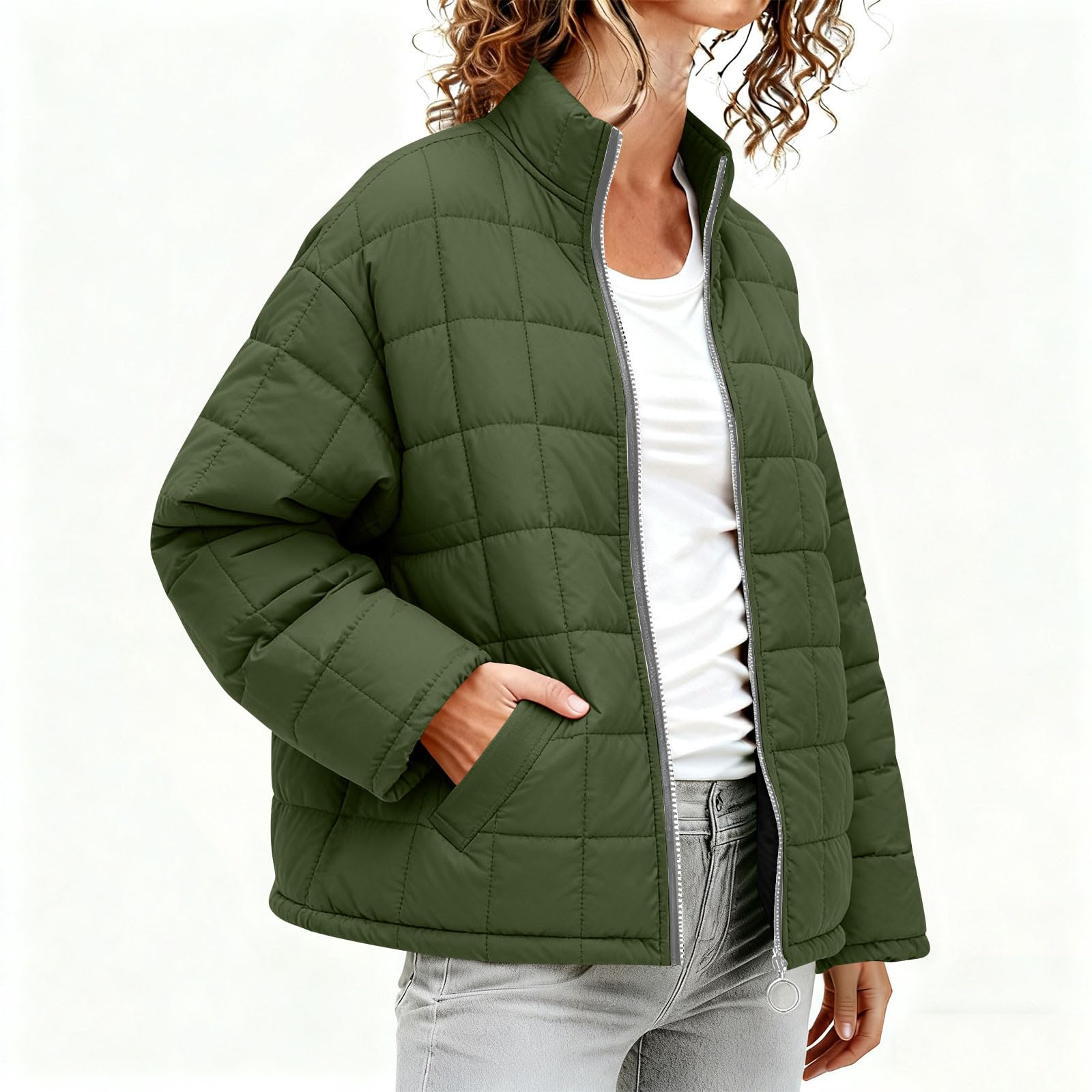 Doudoune matelassée pour femme - Manteau d'hiver chaud et rembourré à manches longues et à col montant - Fermeture éclair - Coupe-vent - Coupe ample - Pour randonnée, voyage, marche