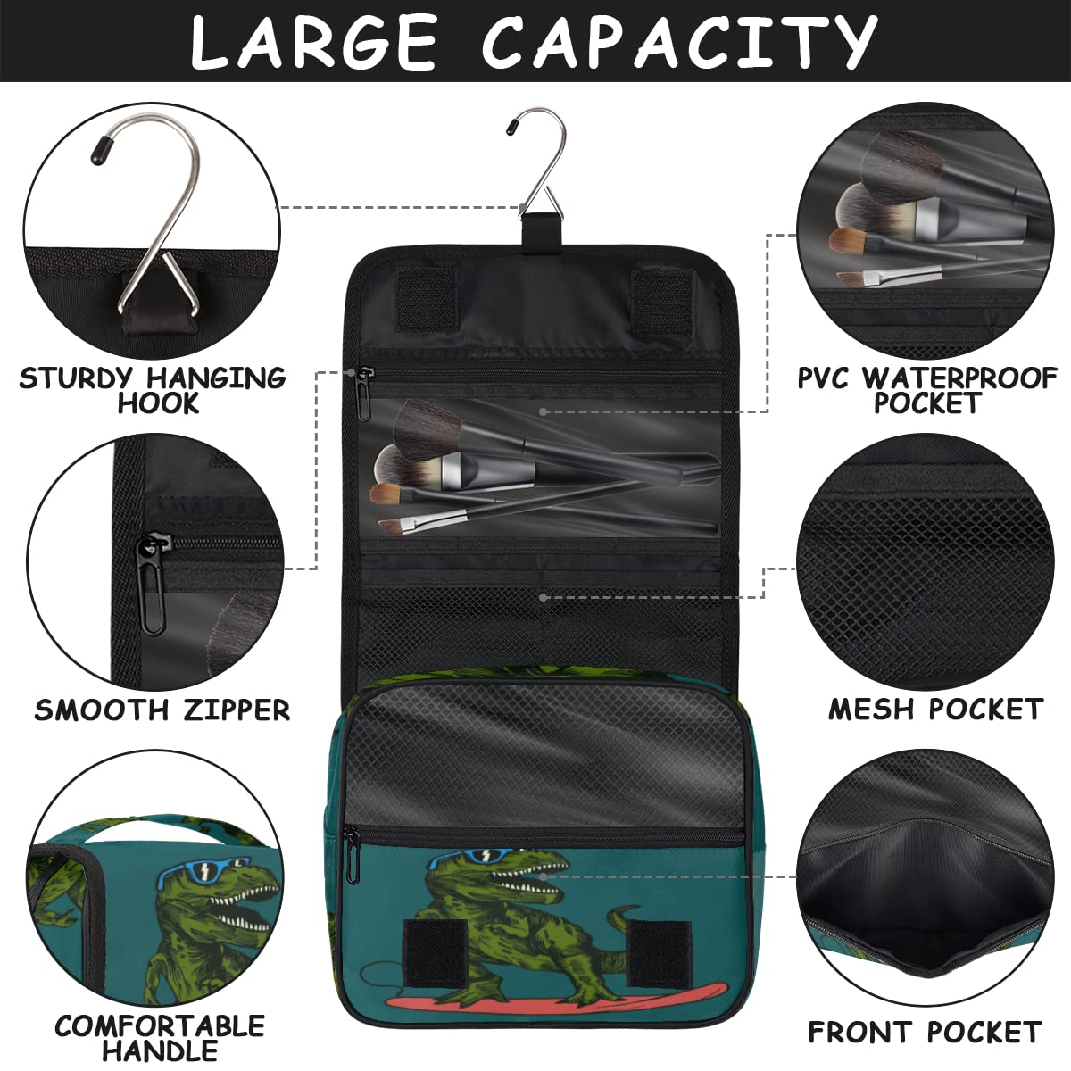 Dinozaury Podróżna Kosmetyczka Śliczne Zwierzę Mycie Torba Unisex Wiszące przybory toaletowe Kosmetyczka Organizer do makijażu, wielobarwny, Jeden rozmiar