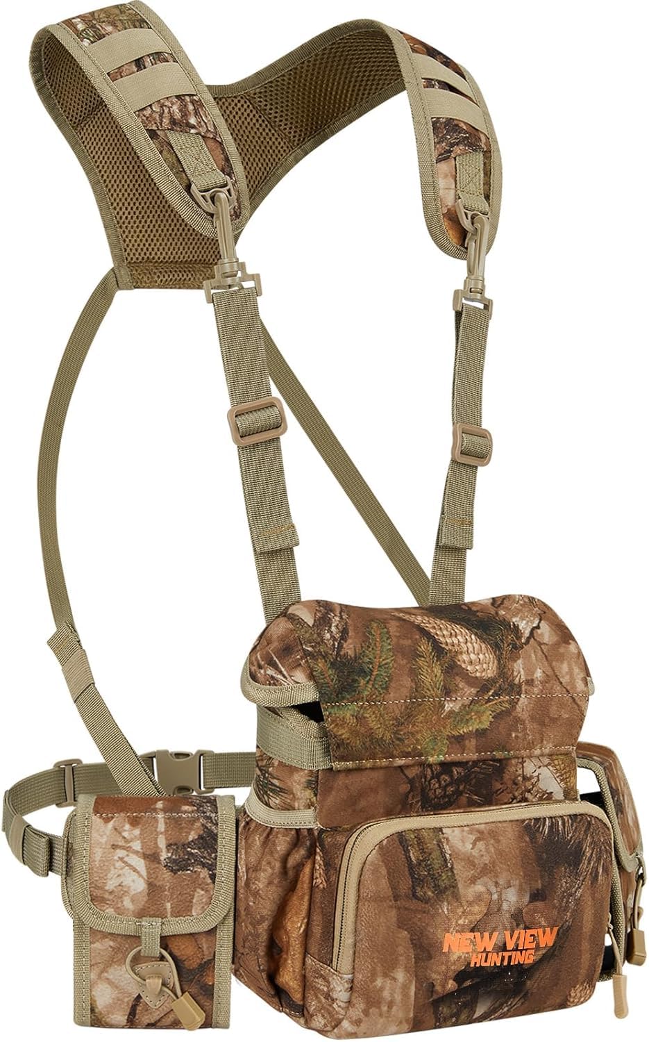 NewView Binocular Harness Chest Pack con tasca rimovibile, cinturino binario regolabile e parapioggia, ideale per caccia, escursioni e birdwatching, Quiet-M, Camo Quiet, m, Taschino