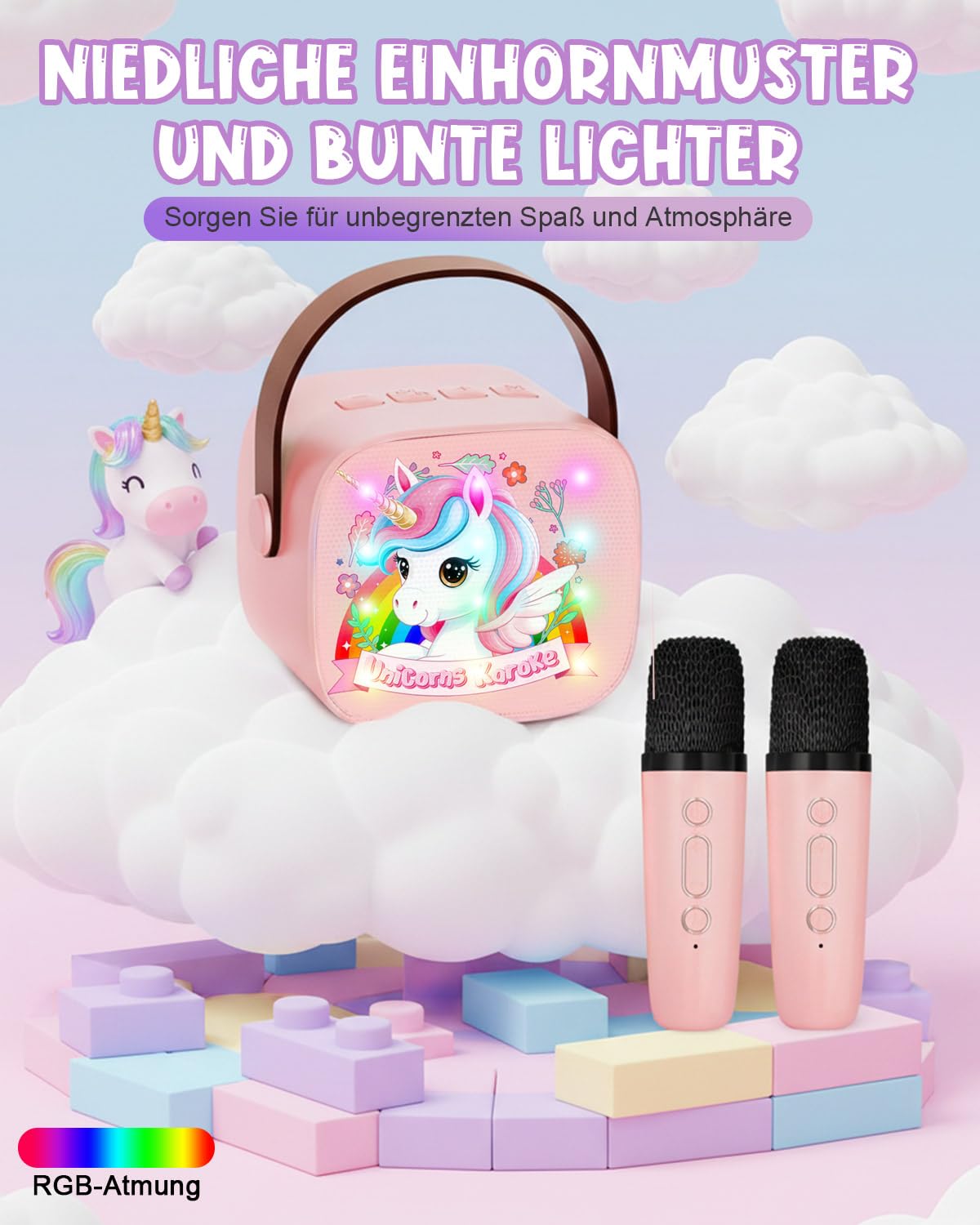 Einhorn Karaoke Maschine mit 2 Bluetooth Mikrofon Kinder, Einhorn Geschenke für Mädchen 3-13 Jahre, Tragbarer Karaoke Drahtlosen Mikrofon mit LED-Lichtern, Mädchen Geschenk Microphone
