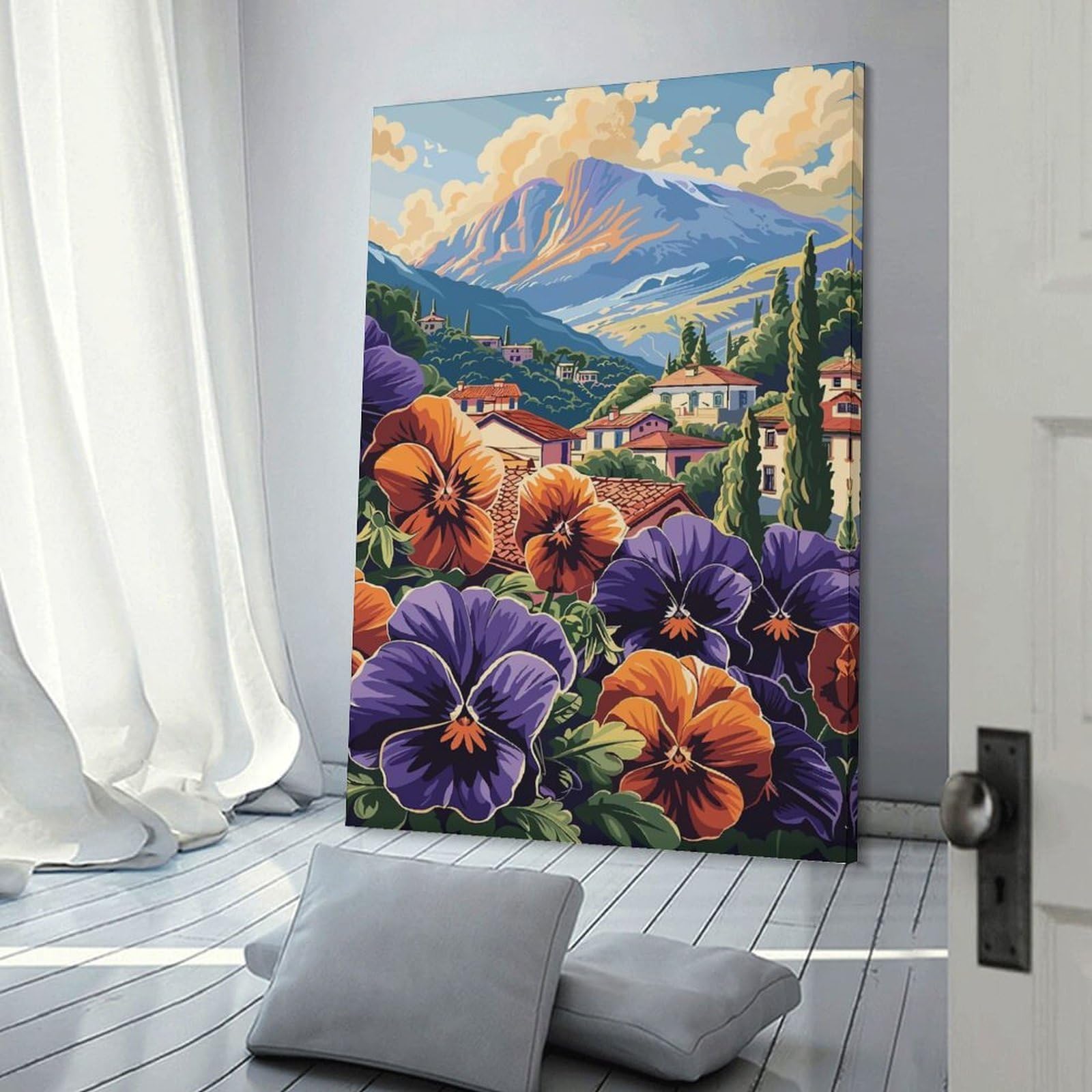 Junmoney Mountain Village Flowers Wall Art Print, 20x30inch(50x75cm), for Workspace Walls, Study Corners Or Bedrooms, A Smart Decor Choice for Study Walls