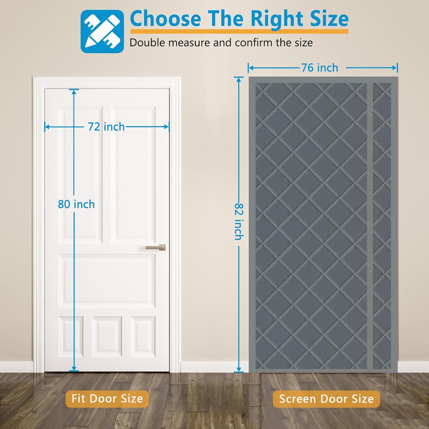 Magnetic Thermal Insulated Door Curtain, 72 x 80 Inch Winter Door Cover Curtain Size 76 x 82 Waterproof Thick Insulation Blanket, Side Opening, Gray Gray Fit Door Size 72x80