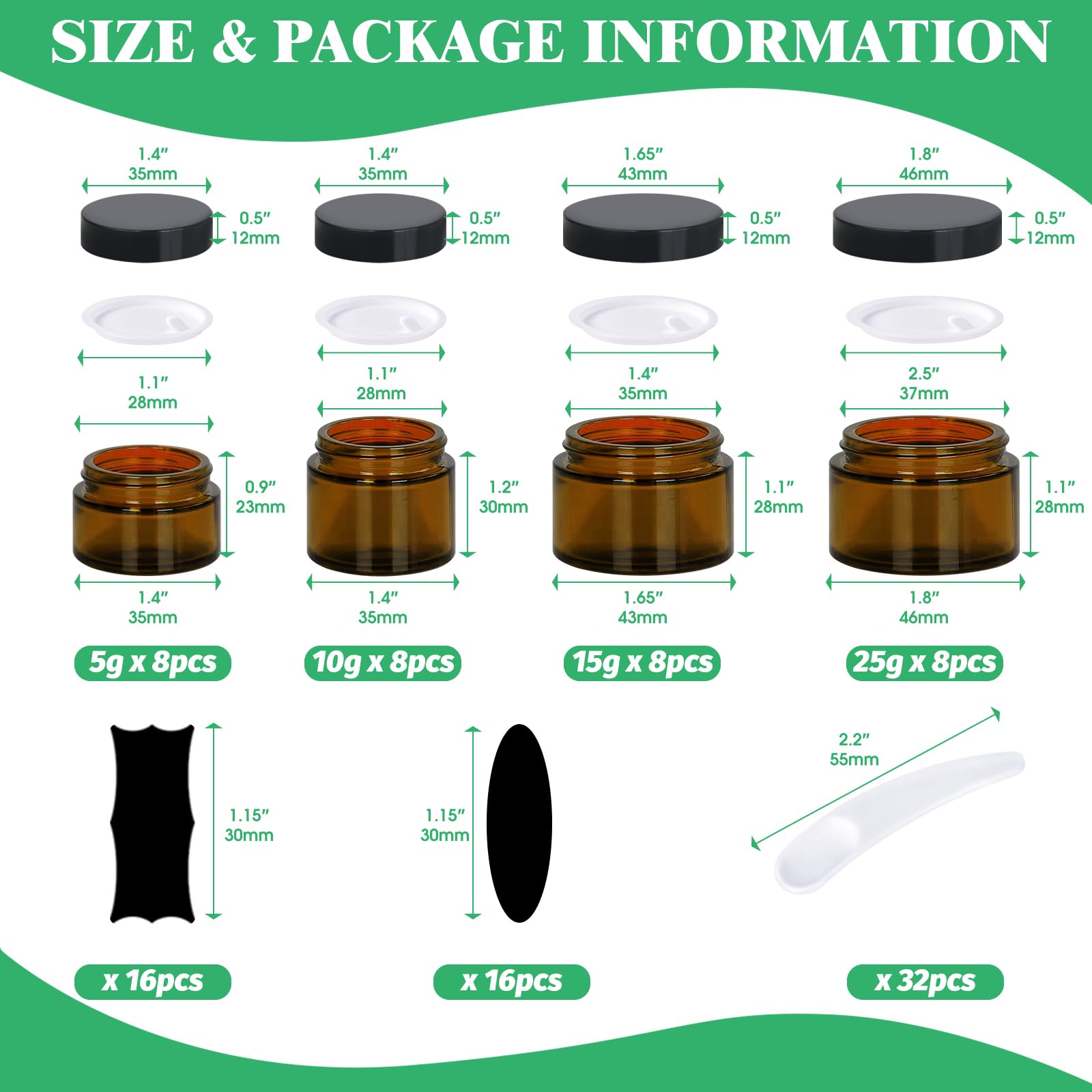 Yauhar 120Pcs 15g Amber Glass Jars Assortment Kit with Inner Liners and Black Lids - Image 2