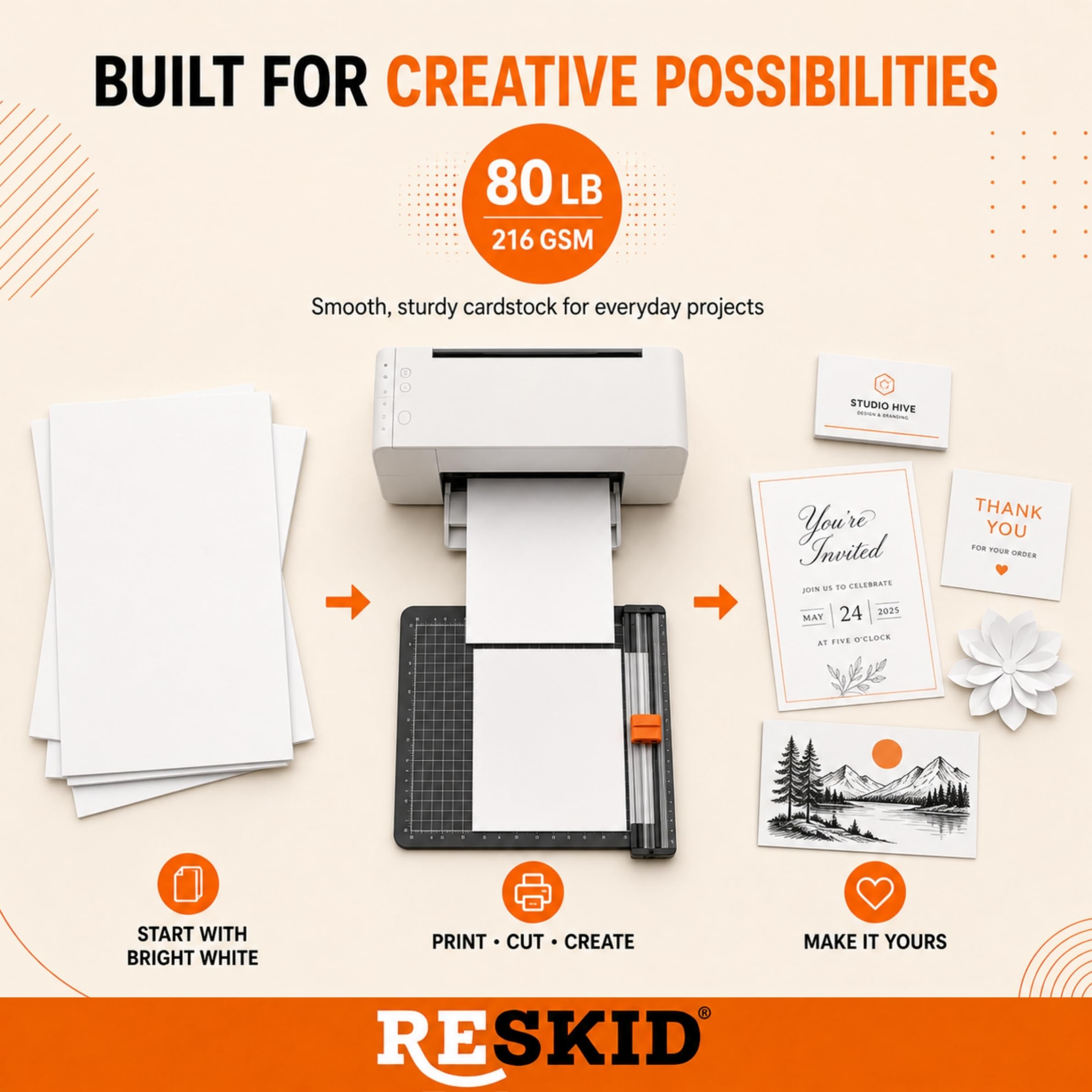 Reskid Cartulina de papel grueso blanco, cartulina de 80 libras (216 g/m²), 8.5 x 11 pulgadas, 50 hojas, cubierta pesada para tarjetas de visita, arte, invitaciones, impresión de papelería