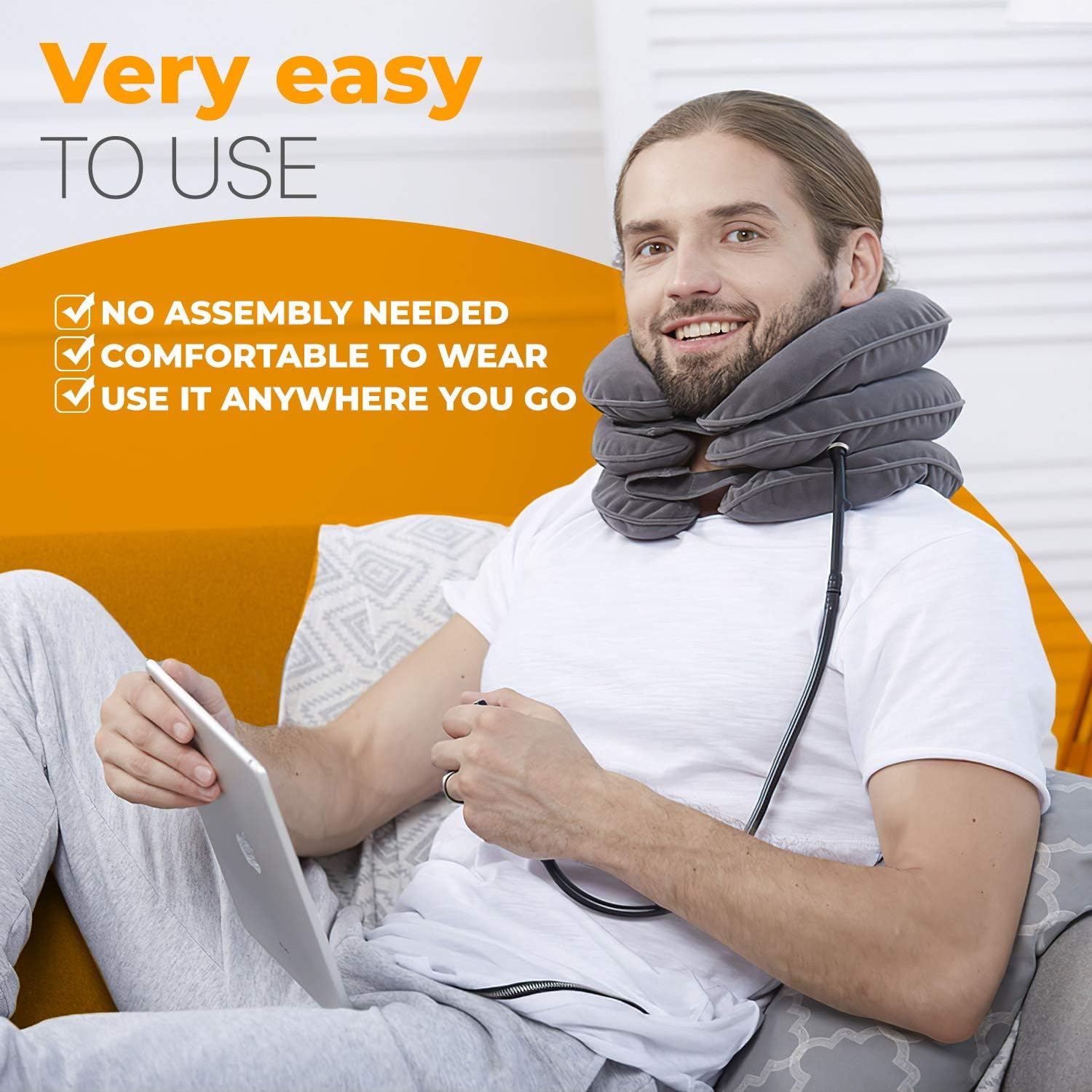 easyGiraffe Cervical Neck Traction Device & Neck Stretcher - Inflatable & Adjustable Brace Collar & Neck Support Pillow - Ideal for Chronic Neck Pain Relief & Spine Alignment - Bonus Bag & Videos