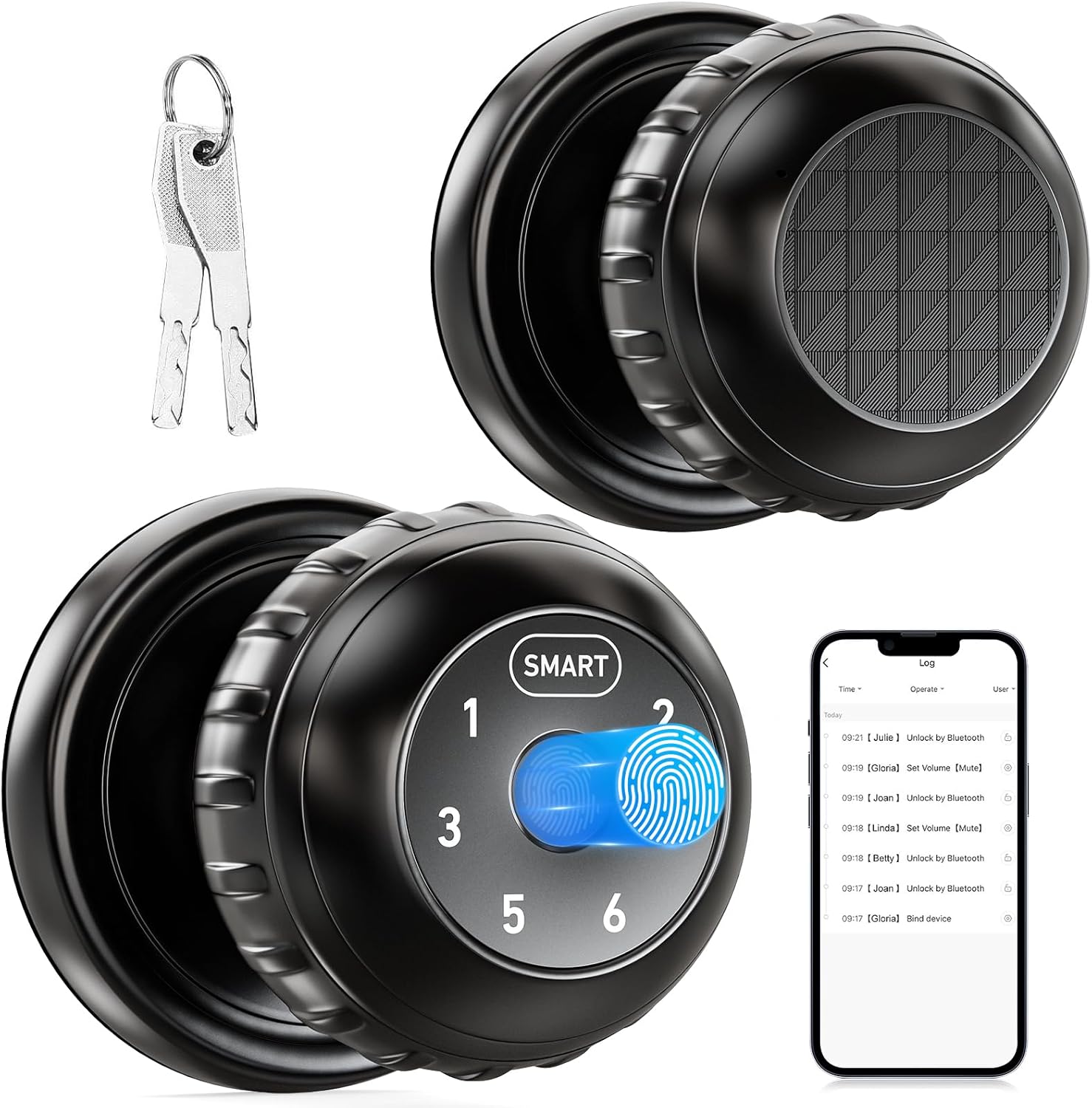 Fingerprint Smart Door Knob with Keypad Lock 4 in 1 Indoor Biometric Door Knobs Room Thumb Print Door Locks for Bedroom, Key/App Control Black Entry Door Lock for Front Door, Home House Door Hardware