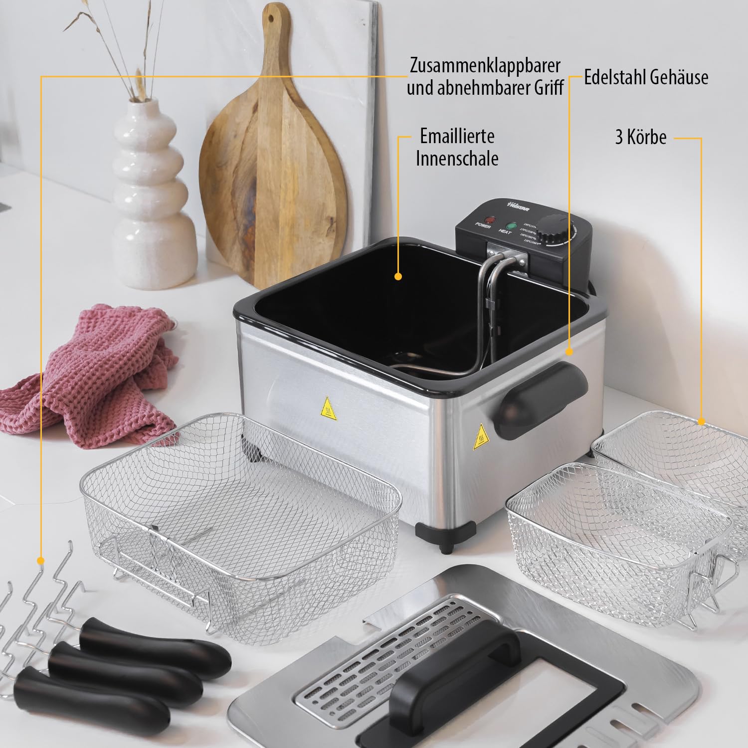 Tristar Fritteuse | 1 großer und 2 kleine Körbe | Einstellbarer Thermostat | Kühle Zone | Spülmaschinenfeste Teile | 5 L | 2000 W | FR-6949