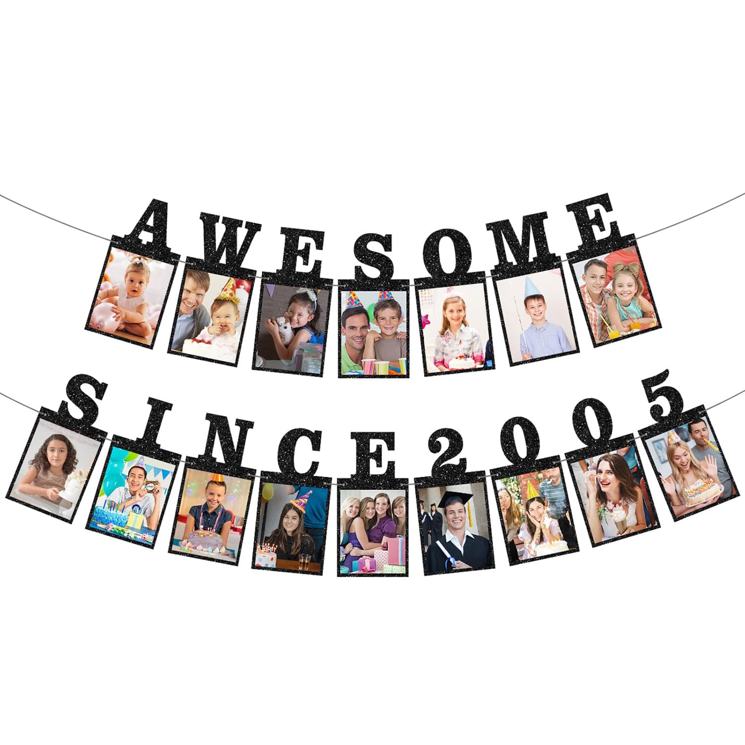 16th Birthday Photo Banner, Awesome Since 2010, Black Glitter, 4x6 Picture Display, Easy to Assemble, Party Decoration (Black, 21th Birthday)