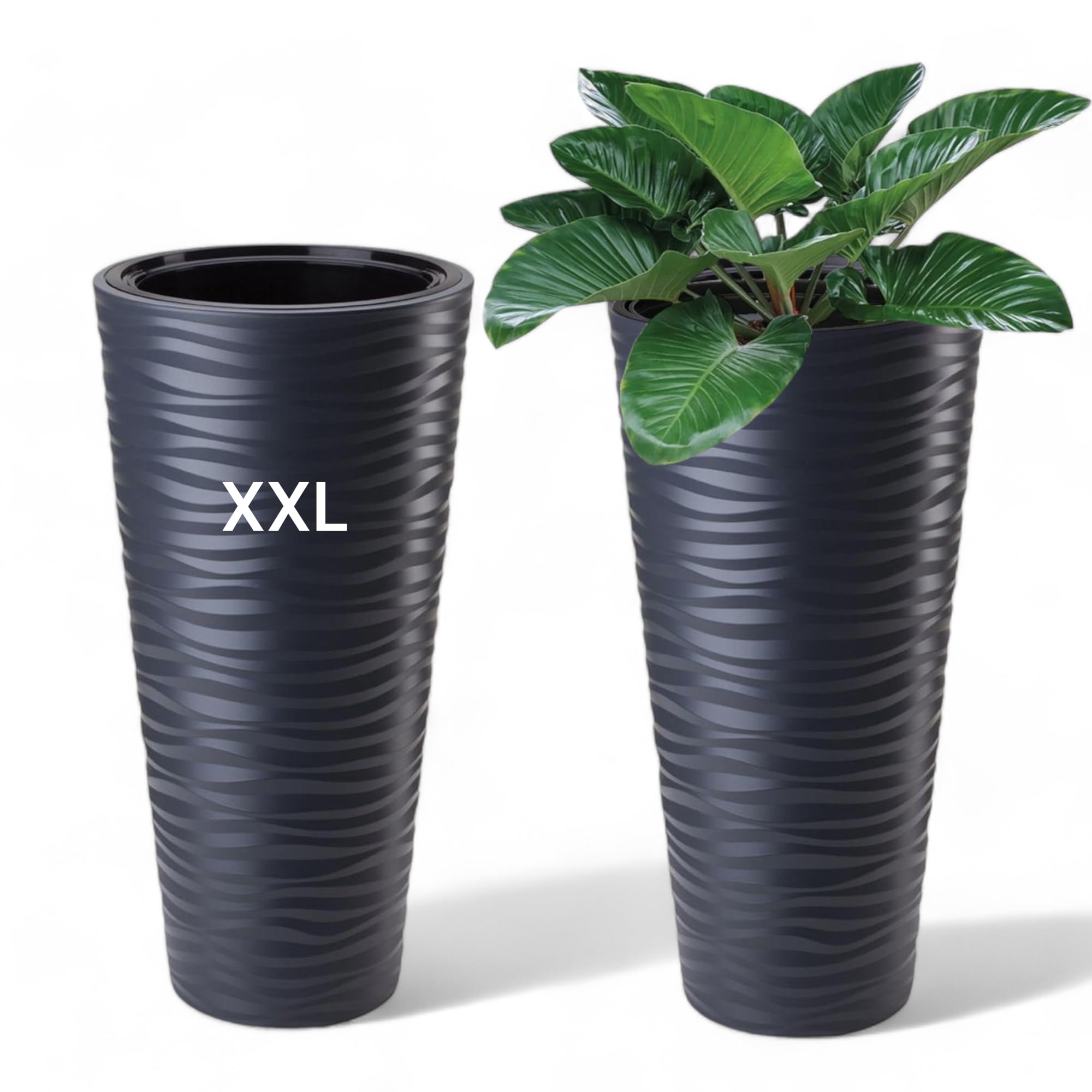Vaso per piante XXL, forma rotonda allungata, effetto 3D, ondulato, colore: grigio antracite, con inserto rimovibile, diametro x altezza: 35 x 68,5 cm