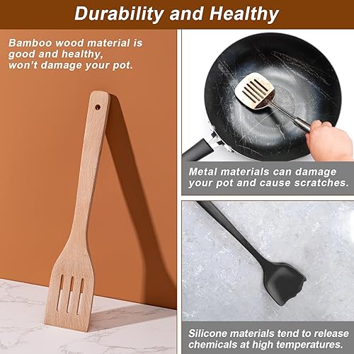 Vista 14 de Cucharas de madera para cocinar 7 piezas, juego de utensilios de cocina de bambú antiadherentes, cuchara de espátula de madera de bambú saludable
