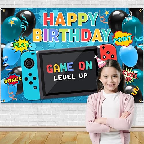 Miniatura 4 de Cartel para juegos de feliz cumpleaños: telón de fondo de videojuegos, accesorios y accesorios para fiestas de juegos