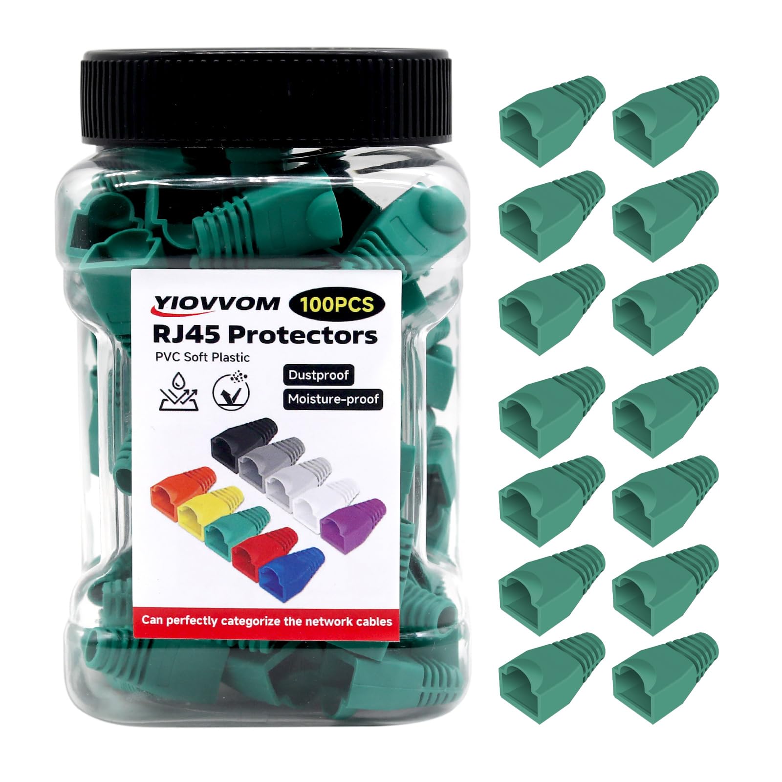 YIOVVOM Ethernet RJ45 Cable Connector Soft Plastic Boots, Cover Strain Relief Boots, CAT5 CAT5E CAT6 CAT6E Ethernet Boots Green 100-PACK