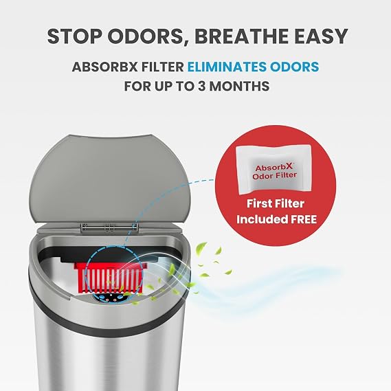 iTouchless 50 Liter / 13 Gallon Kitchen Trash Can with Lid & Deodorizer Motion Sensor Semi-Round Stainless Steel Garbage Bin for Home, Office, or Garage Slim, Wide Opening Large Capacity Design