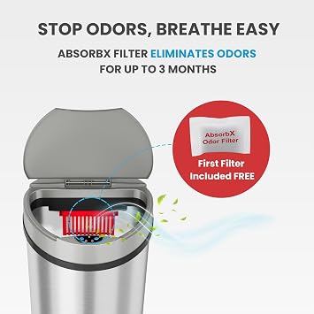 iTouchless 50 Liter / 13 Gallon Kitchen Trash Can with Lid & Deodorizer Motion Sensor Semi-Round Stainless Steel Garbage Bin for Home, Office, or Garage Slim, Wide Opening Large Capacity Design