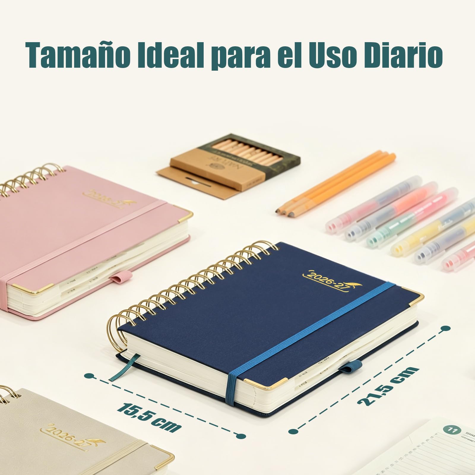 BEZEND Agenda Escolar 2026 2027 Día por Página A5 Espiral, 12 Meses de Ago.26 a Jul.27, Agenda Diaria 15,5 x 21 cm, Dia Vista con Intervalos de 30 minutos, Tapa Dura en Cuero PU - Rosa