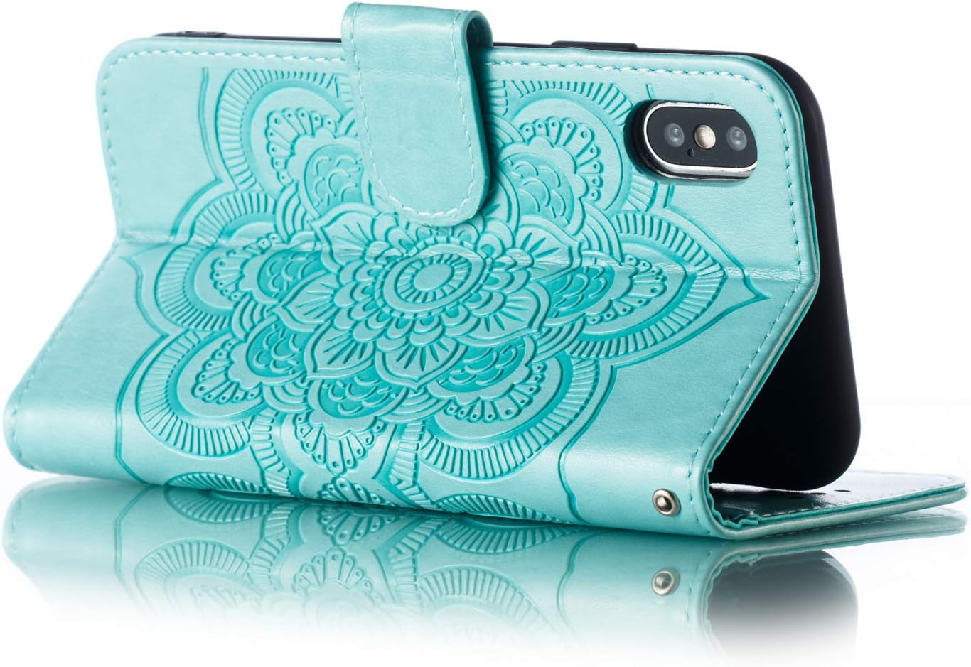 MRSTER Flip Case for iPhone X PU Leather Wallet Closure Embossed Shockproof Cover with Kickstand Card Slots Holder for Apple iPhone X/iPhone XS. LD Mandala Green - Image 5